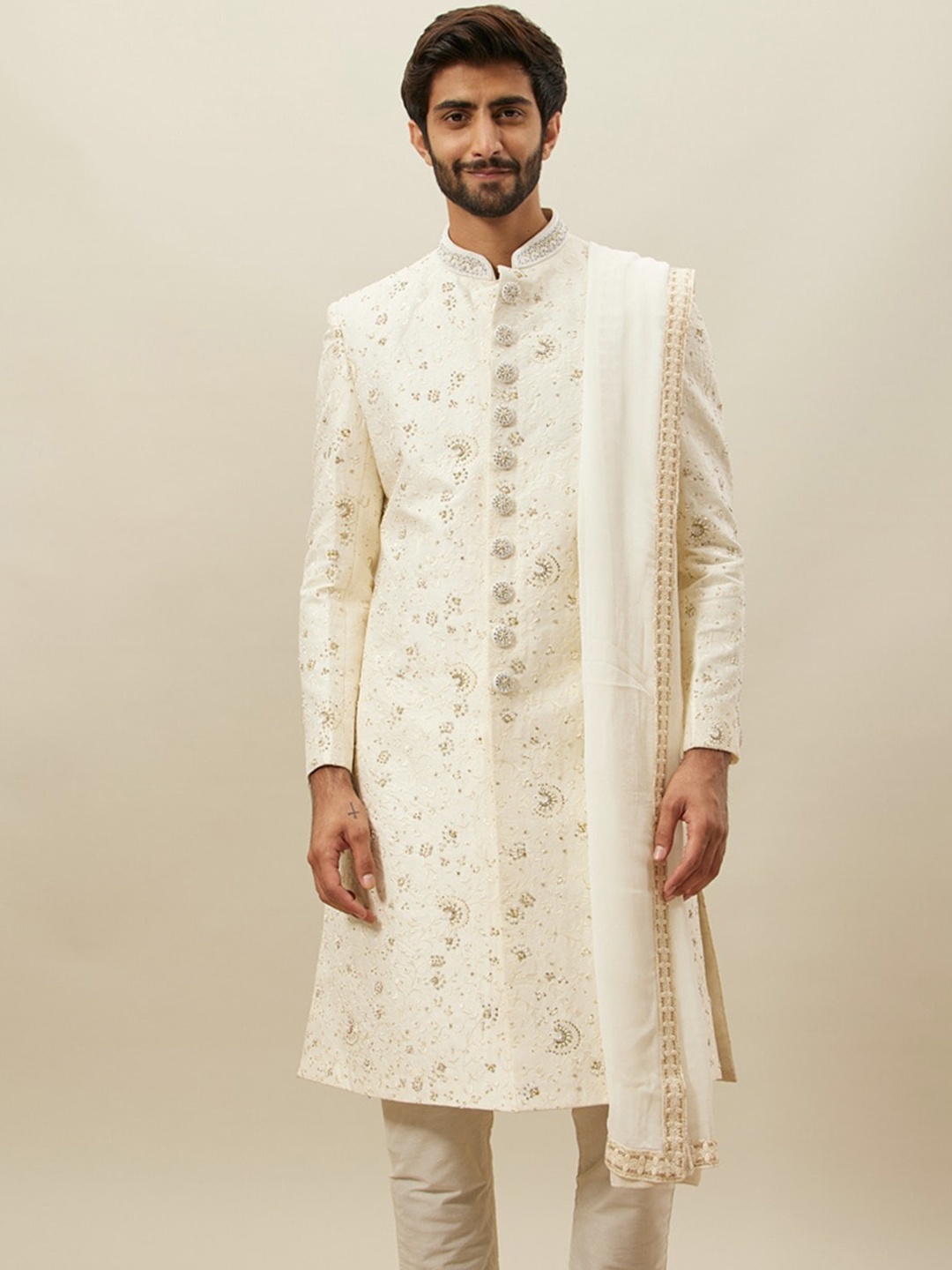 

Twamev Embroidered Mandarin Collar Raw Silk Sherwani With Churidar & Dupatta, Cream