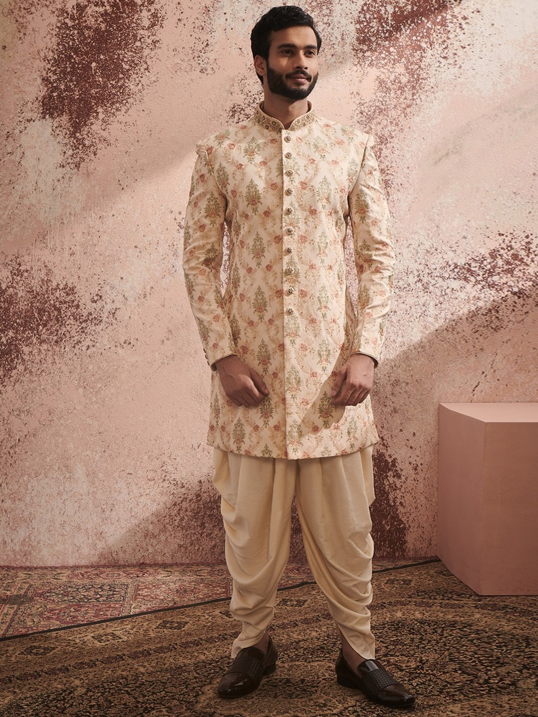 

Twamev Embroidered Mandarin Collar Raw Silk Sherwani With Dhoti Pants, Beige