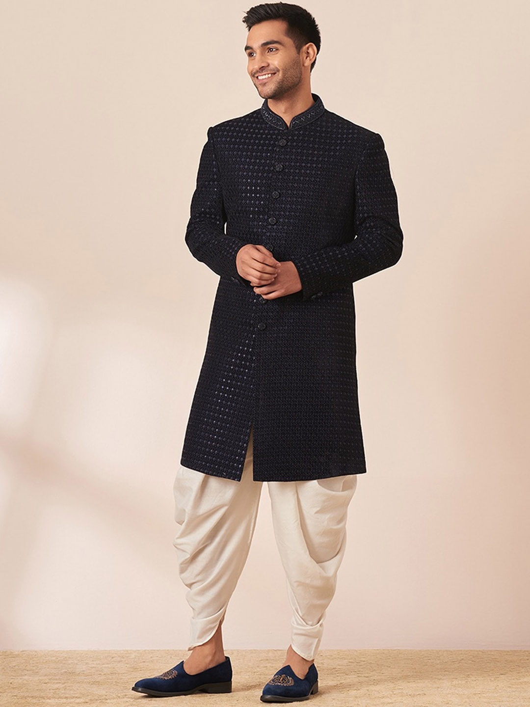 

Twamev Embroidered Mandarin Collar Velvet Sherwani With Dhoti Pants, Blue