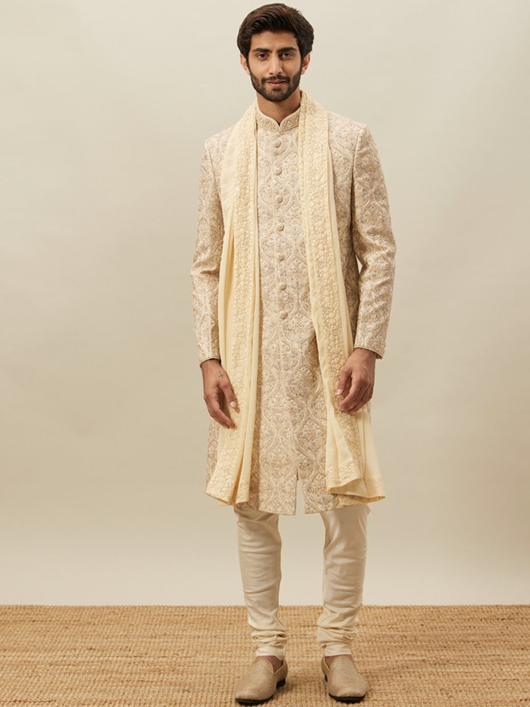 

Twamev Embroidered Mandarin Collar Raw Silk Sherwani With Churidar & Dupatta, Beige