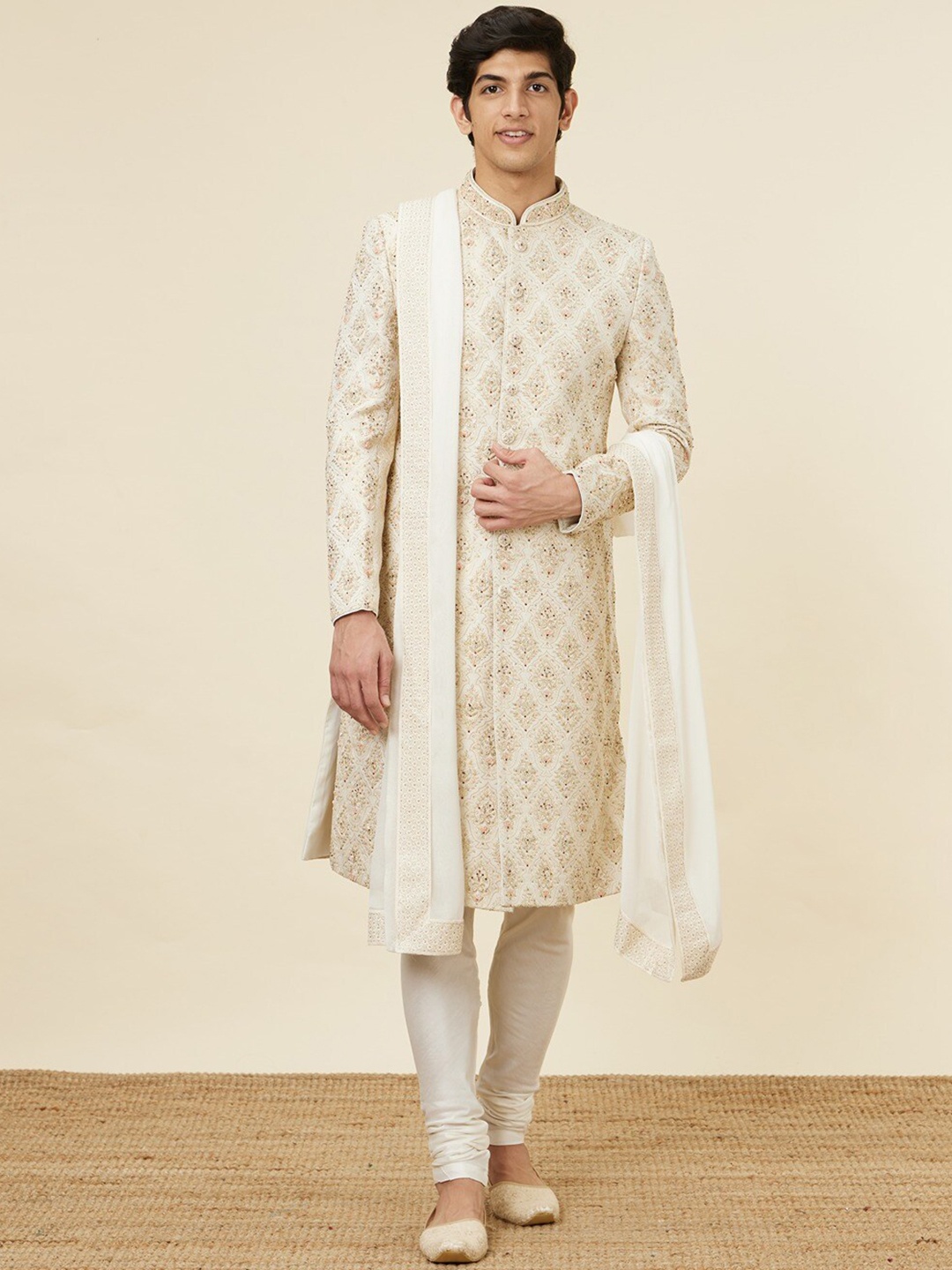 

Twamev Embroidered Mandarin Collar Sherwani, Beige