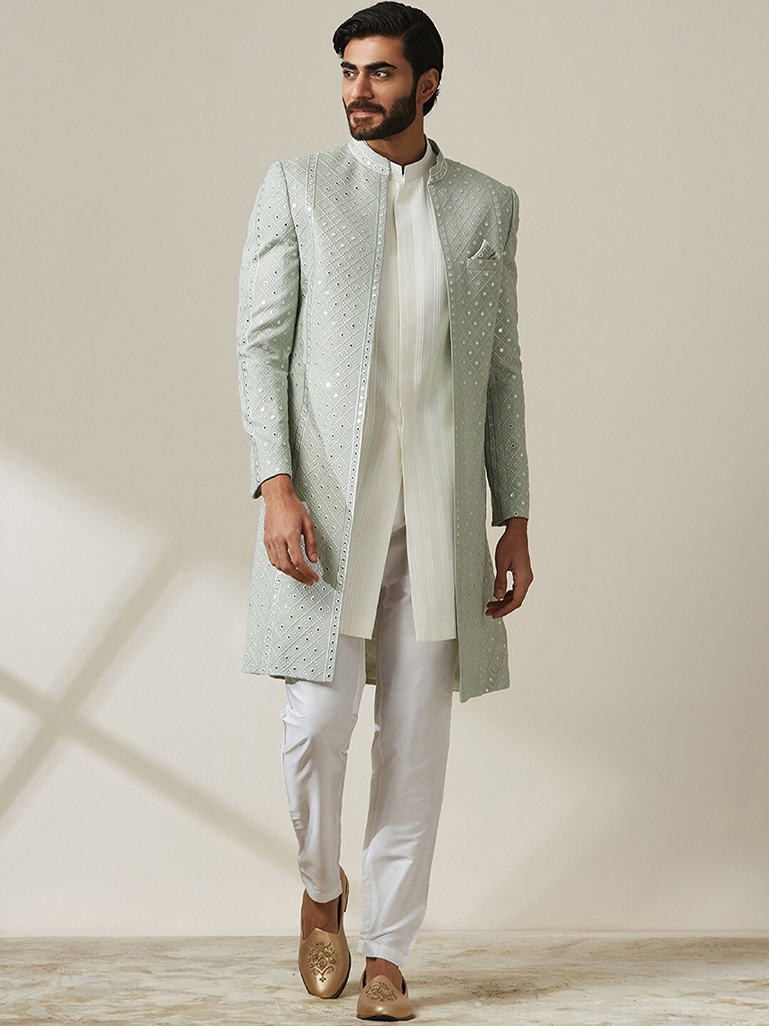 

Twamev Striped Mandarin Collar Sherwani, White