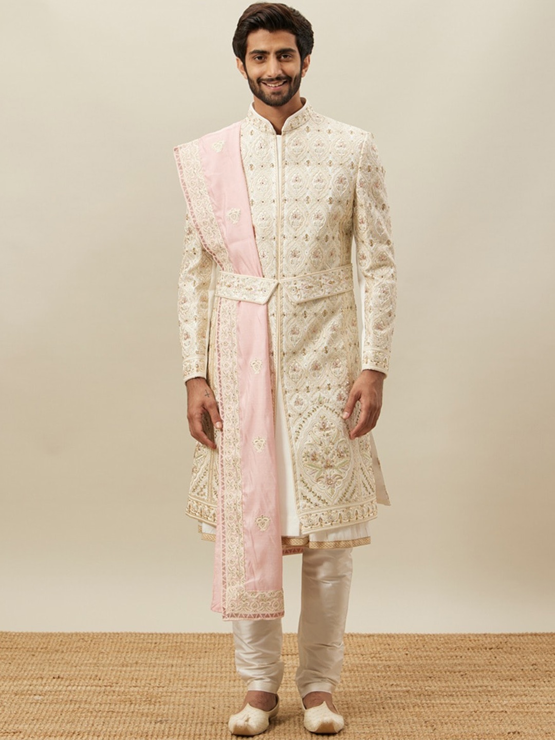 

Twamev Embroidered Mandarin Collar Sherwani, Cream