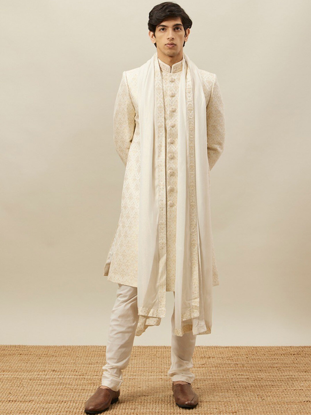 

Twamev Self Design Mandarin Collar Sherwani, Beige