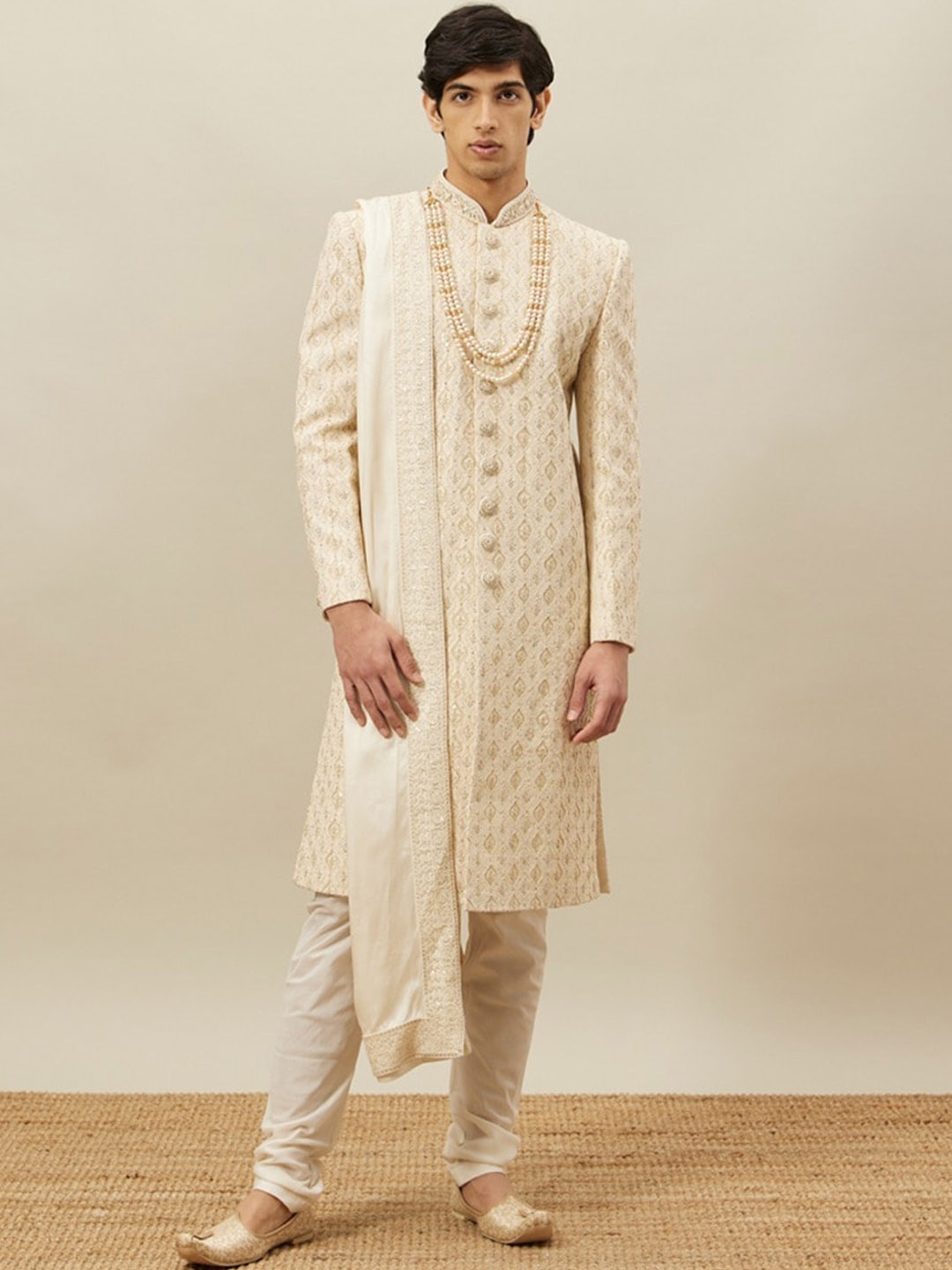 

Twamev Georgette Embroidered Sherwani Set, Cream