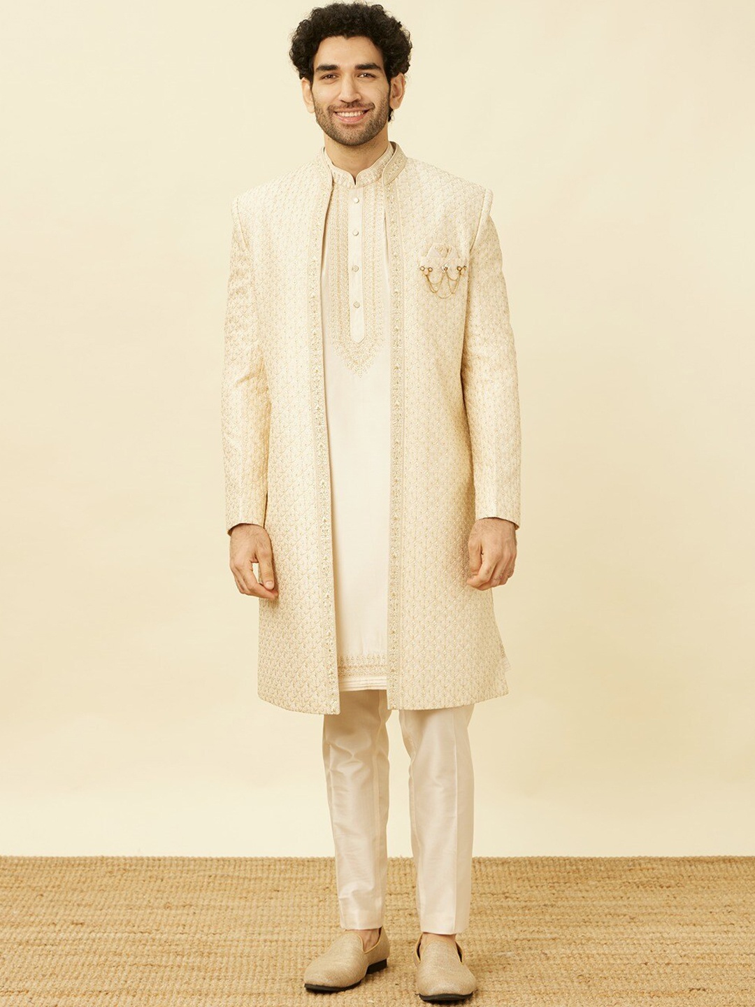 

Twamev Embroidered Sherwani With Trousers And Long Jacket, Beige