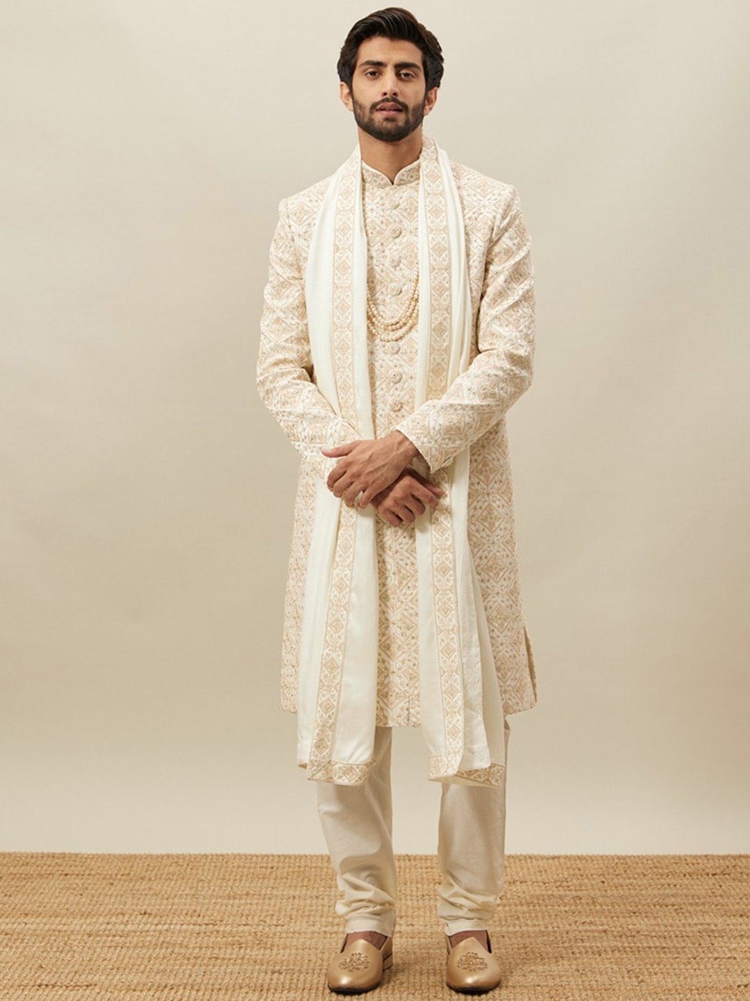 

Twamev Embroidered Sherwani Set, Beige