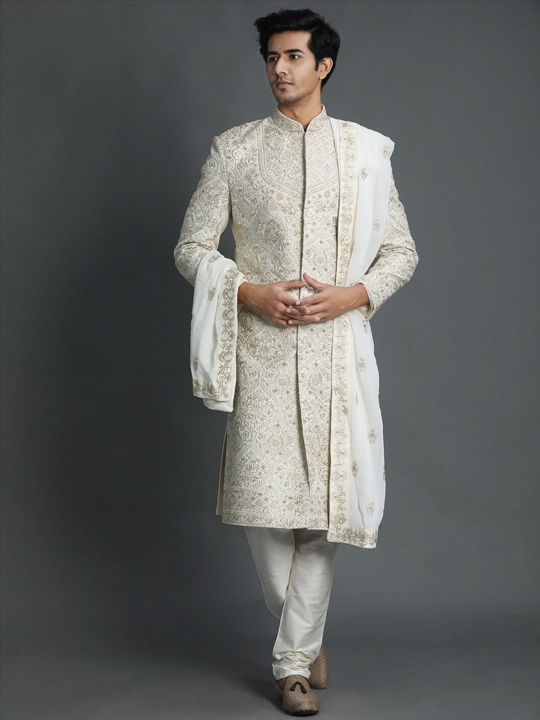 

Twamev Embroidered Sherwani Set, Cream