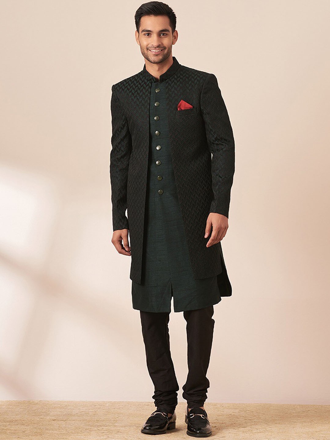 

Twamev Embroidered Art Silk Sherwani Set, Green