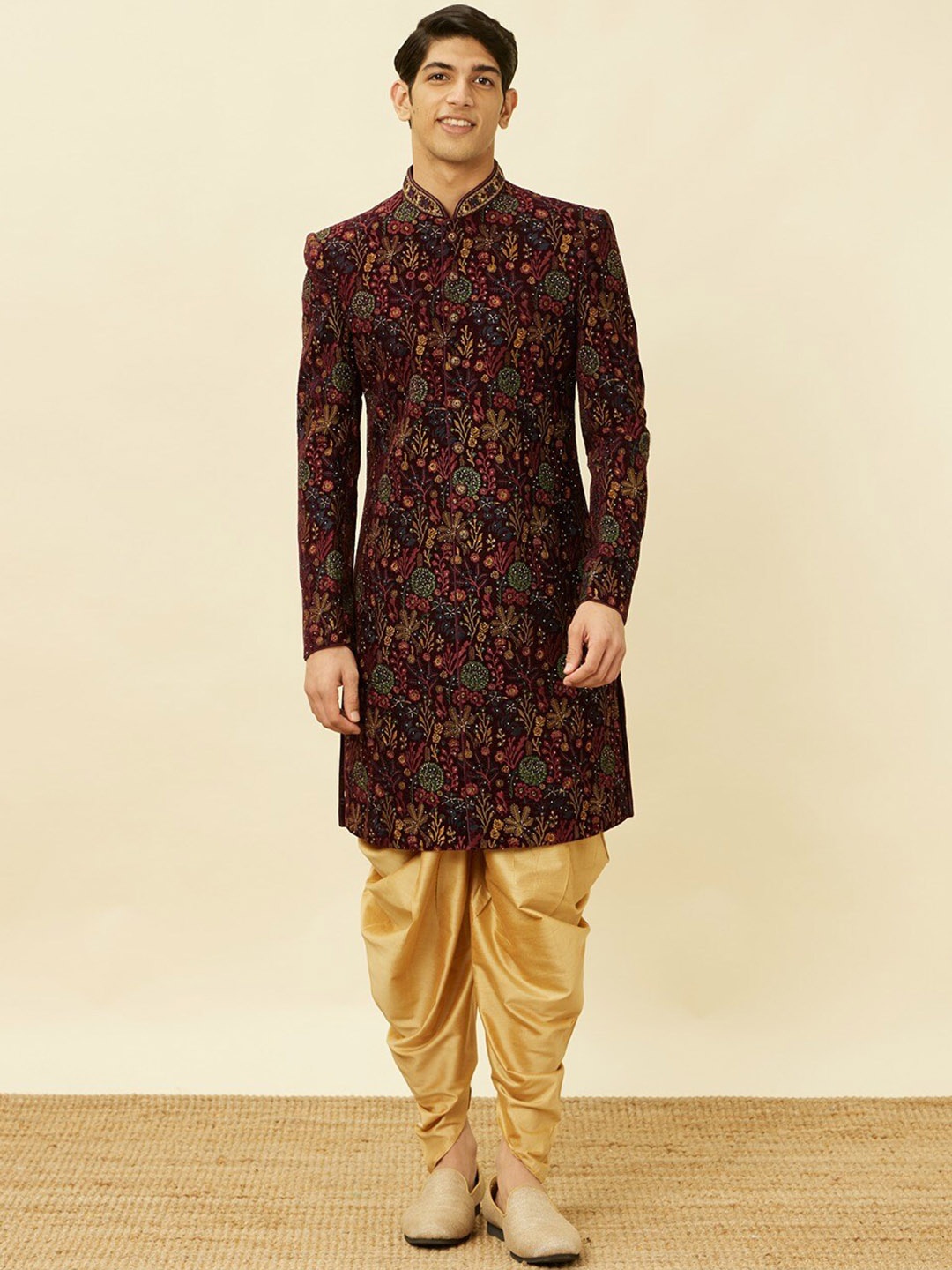 

Twamev Embroidered Sequinned Sherwani Set, Burgundy