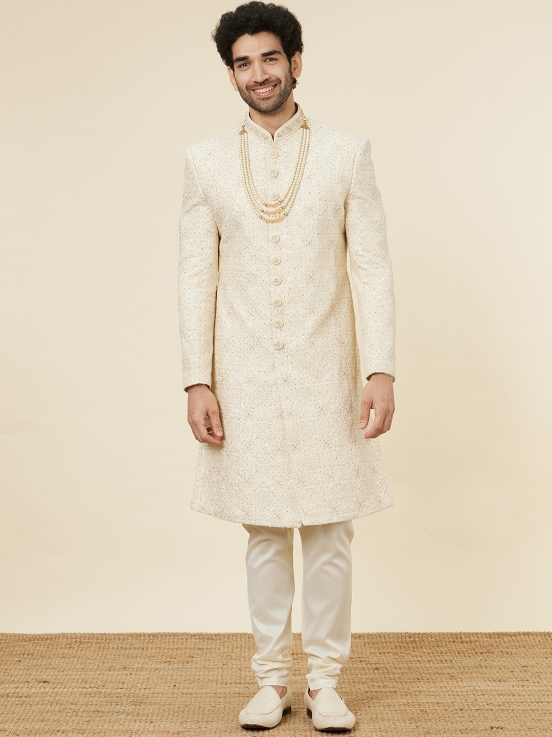 

Twamev Embroidered Mandarin Collar Sherwani Set, Cream