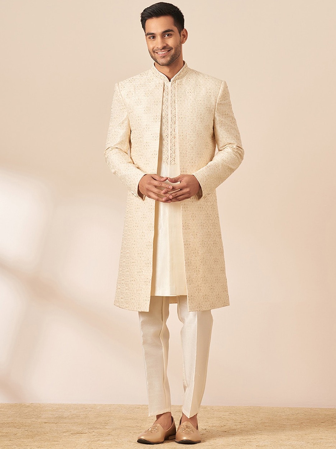

Twamev Embroidered Art Silk Sherwani Set, Cream