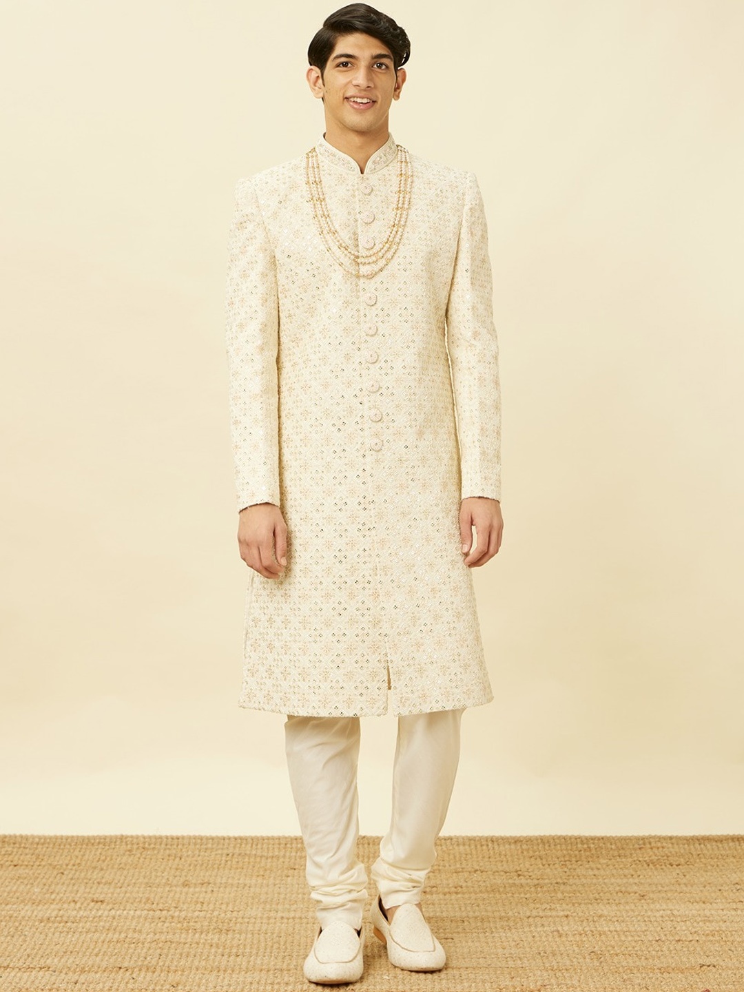 

Twamev Georgette Embroidered Sherwani Set, Cream