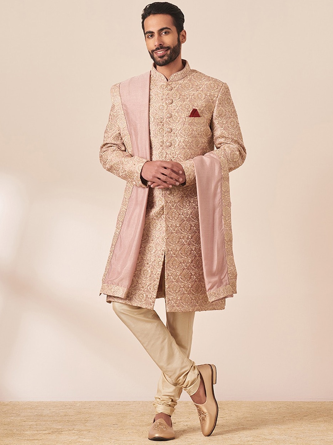 

Twamev Embroidered Mandarin Collar Sherwani Set, Mauve