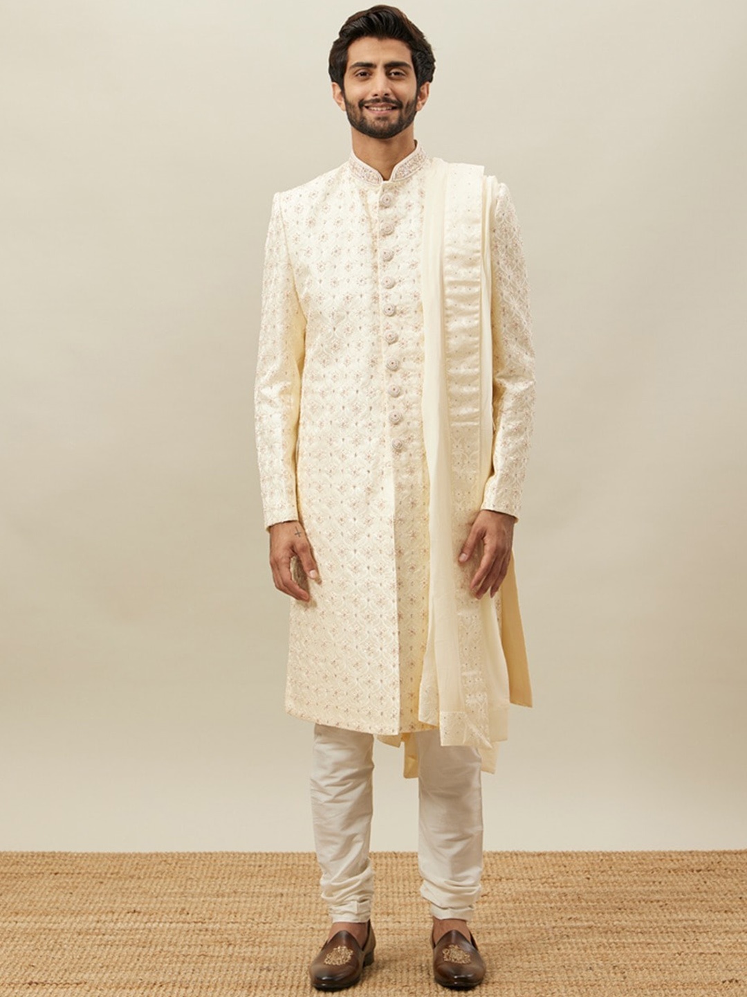 

Twamev Embroidered Sherwani Set, Cream