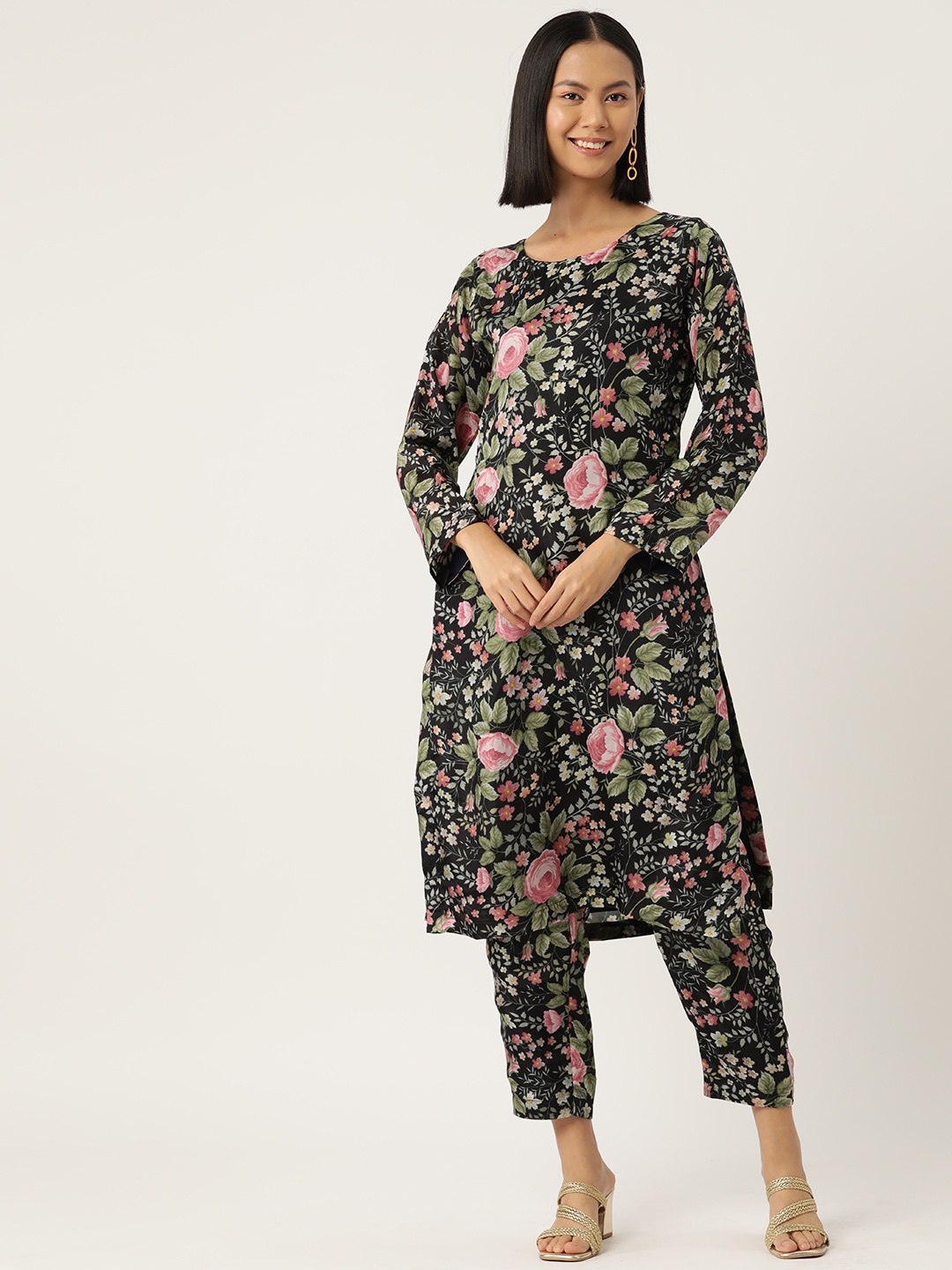 

Simaaya Floral Printed Regular Kurta with Trousers, Black