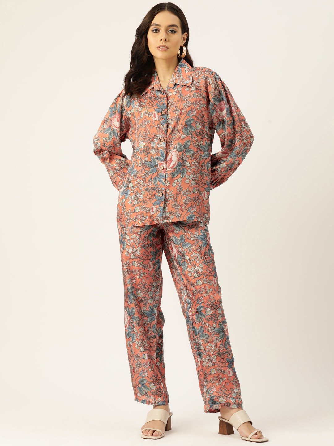 

Simaaya Women Floral Printed Shirt with Trousers, Orange