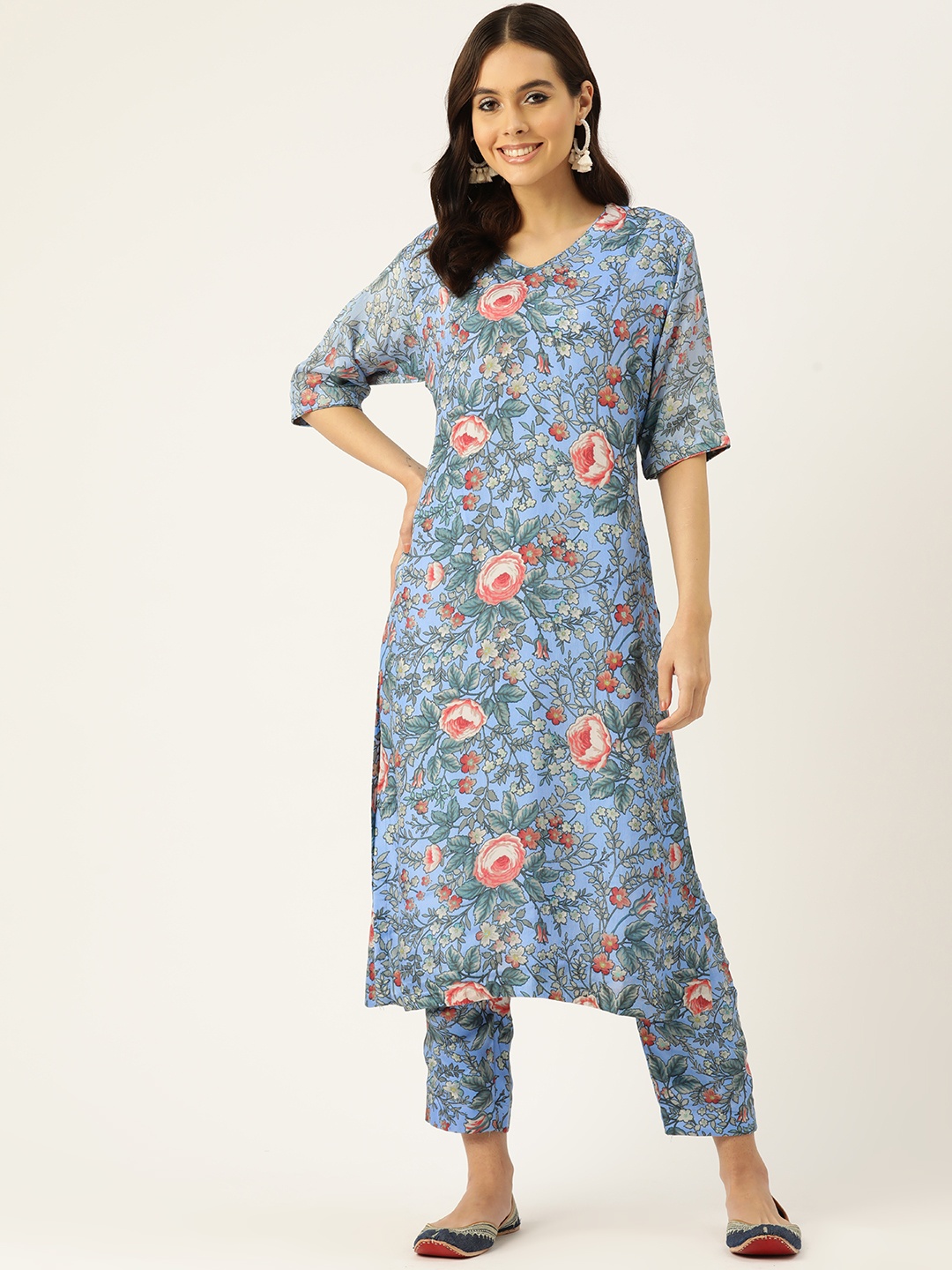 

Simaaya Women Floral Printed Regular Kurta with Palazzos, Turquoise blue