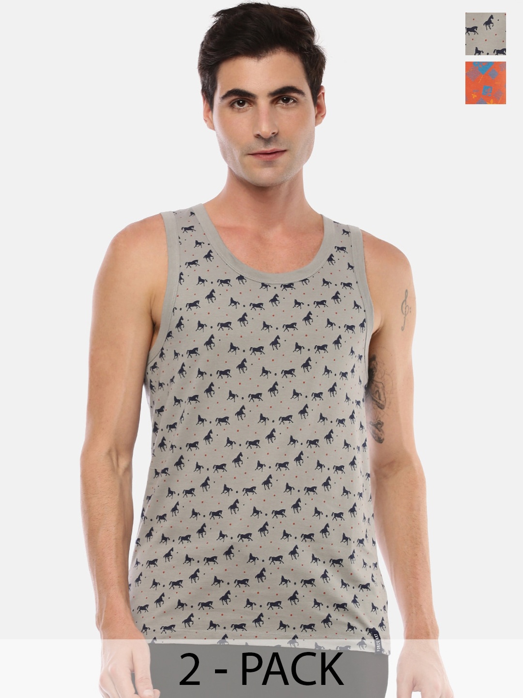 

Force NXT Pack Of 2 Printed Pure Cotton Sleeveless Innerwear Vests MNAL-433, Grey
