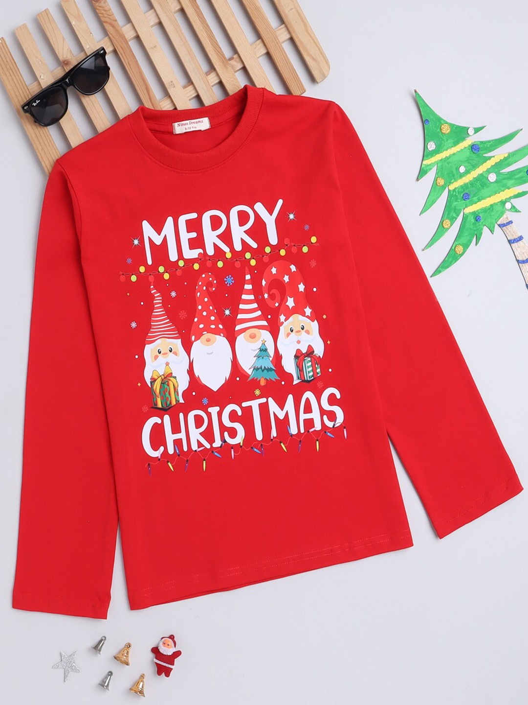 

Ninos Dreams Kids Merry Christmas Printed Cotton T-shirt, Red