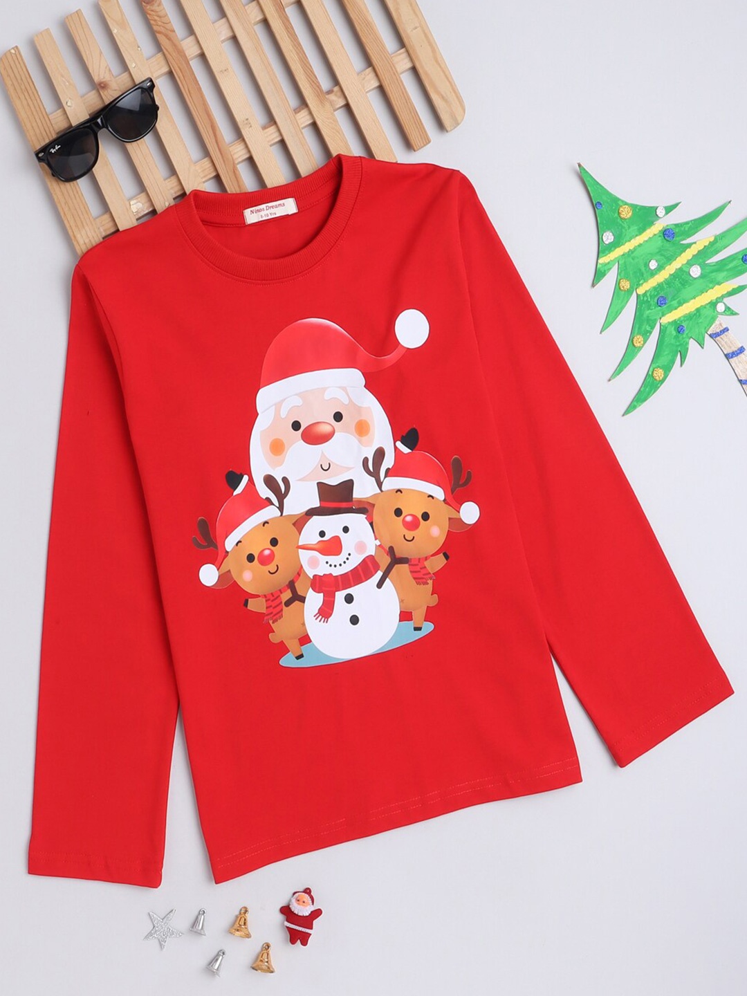 

Ninos Dreams Kids Merry Christmas Printed Cotton T-shirt, Red