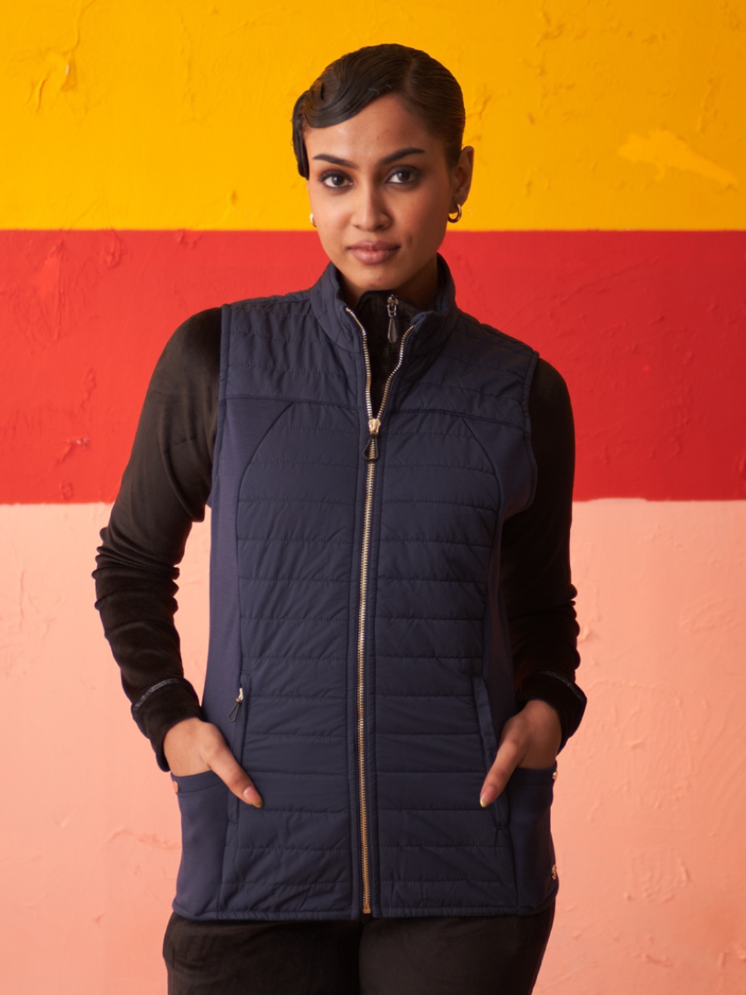 

Lakshita Mock Collar Faux Fur Trim Padded Jacket, Navy blue