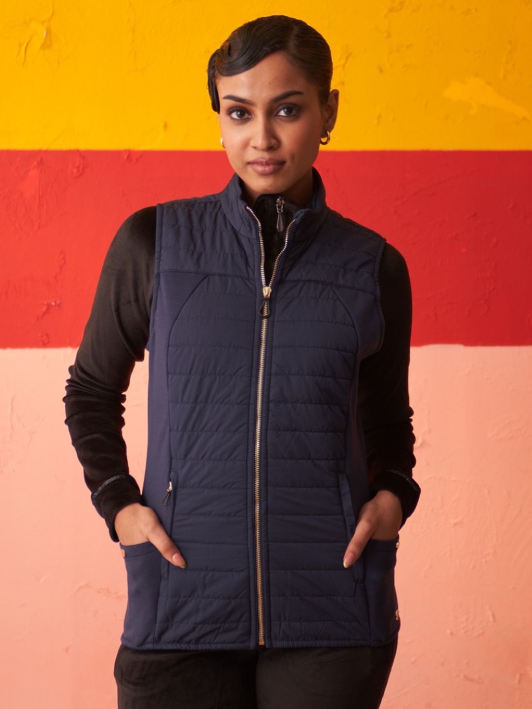 

Lakshita Mock Collar Faux Fur Trim Padded Jacket, Navy blue