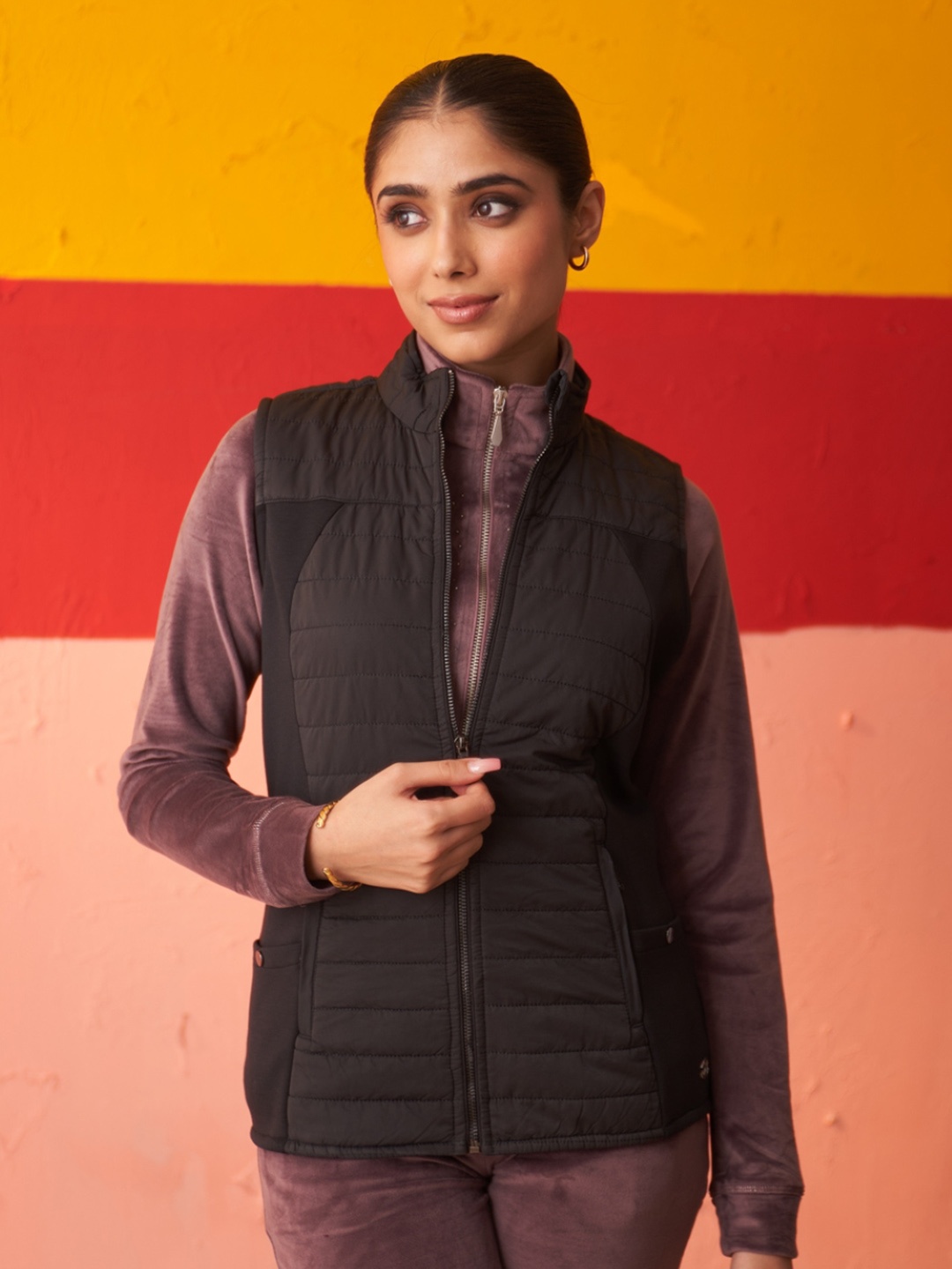 

Lakshita Mock Collar Faux Fur Trim Padded Jacket, Black