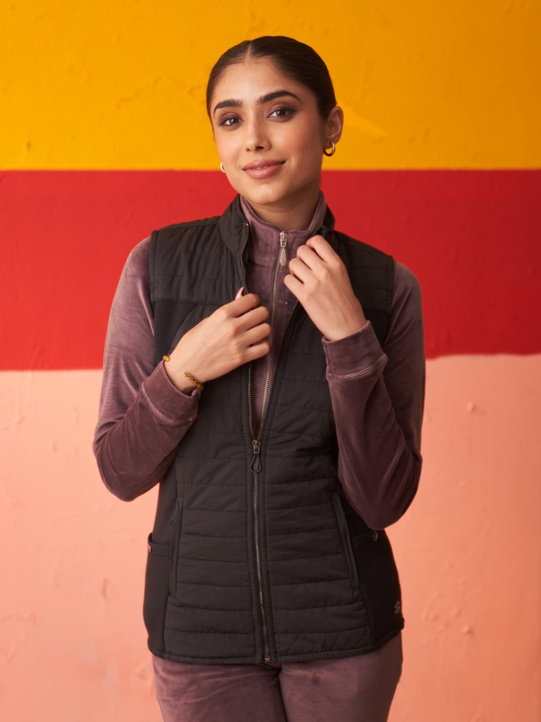 

Lakshita Stand Collar Sleeveless Quilted Jacket, Black