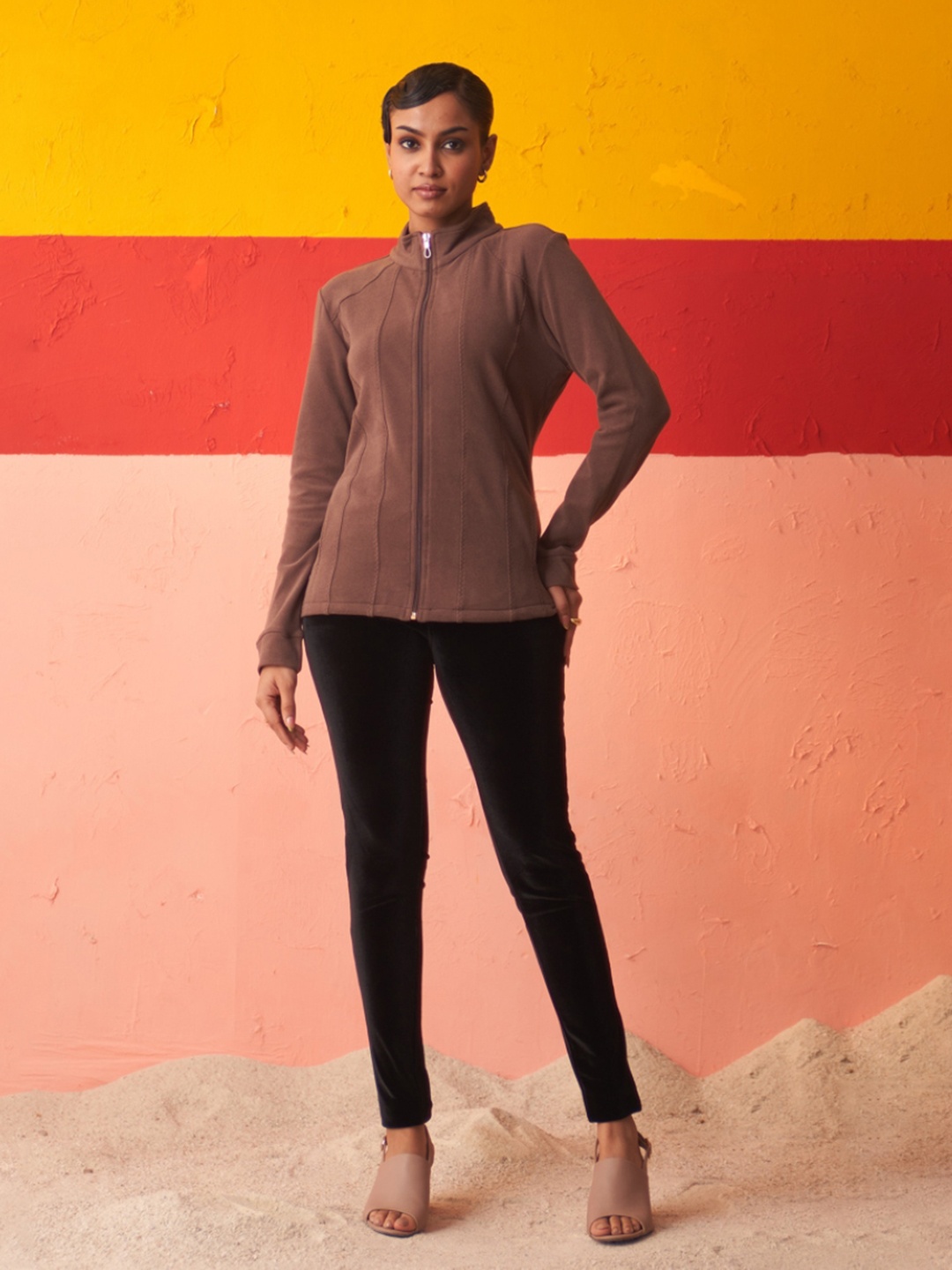 

Lakshita Mock Collar Long Sleeves Bomber Jacket, Taupe