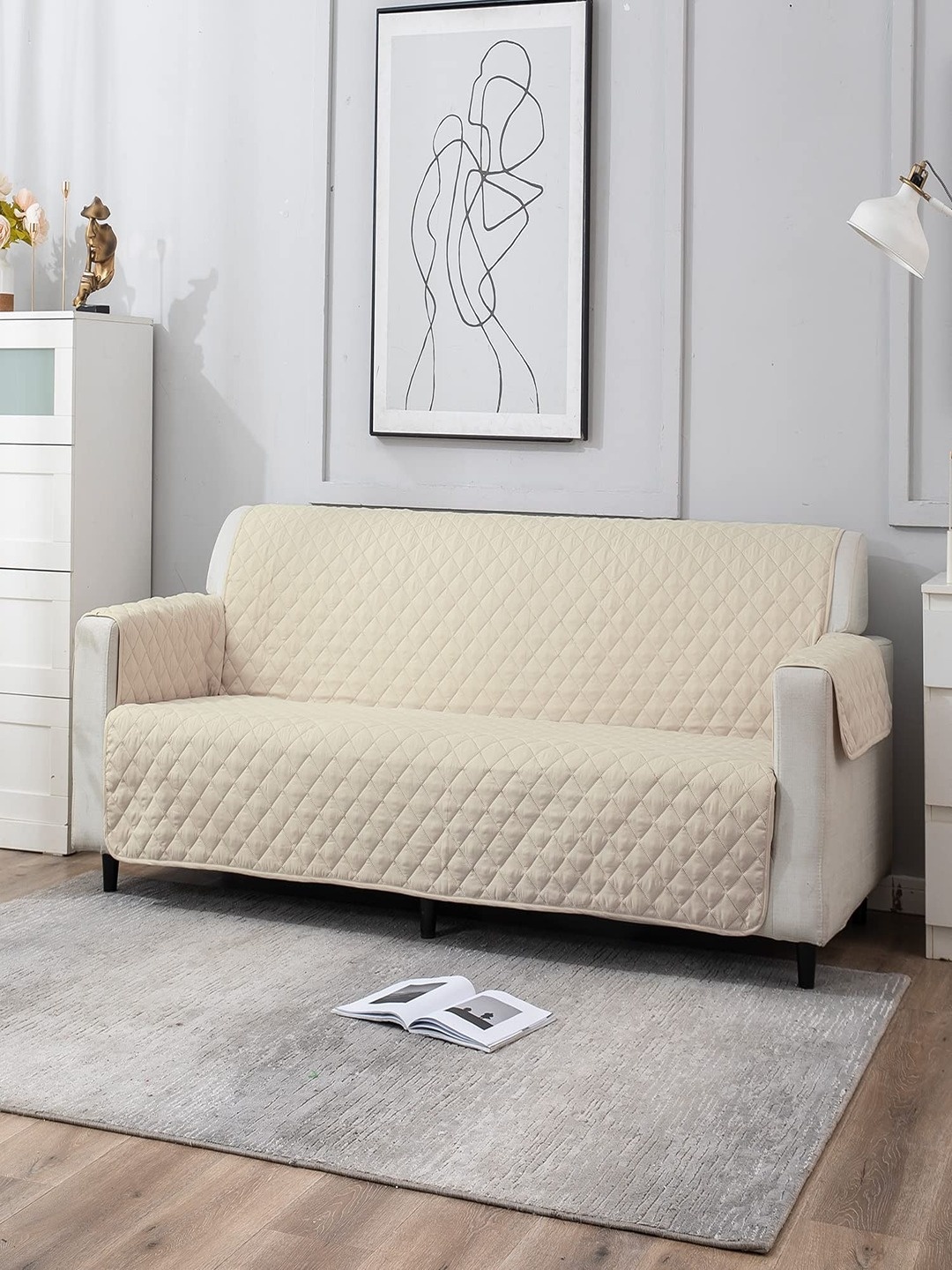 

HOKIPO Quilted Stretchable 4 Seater Sofa Cover, Cream