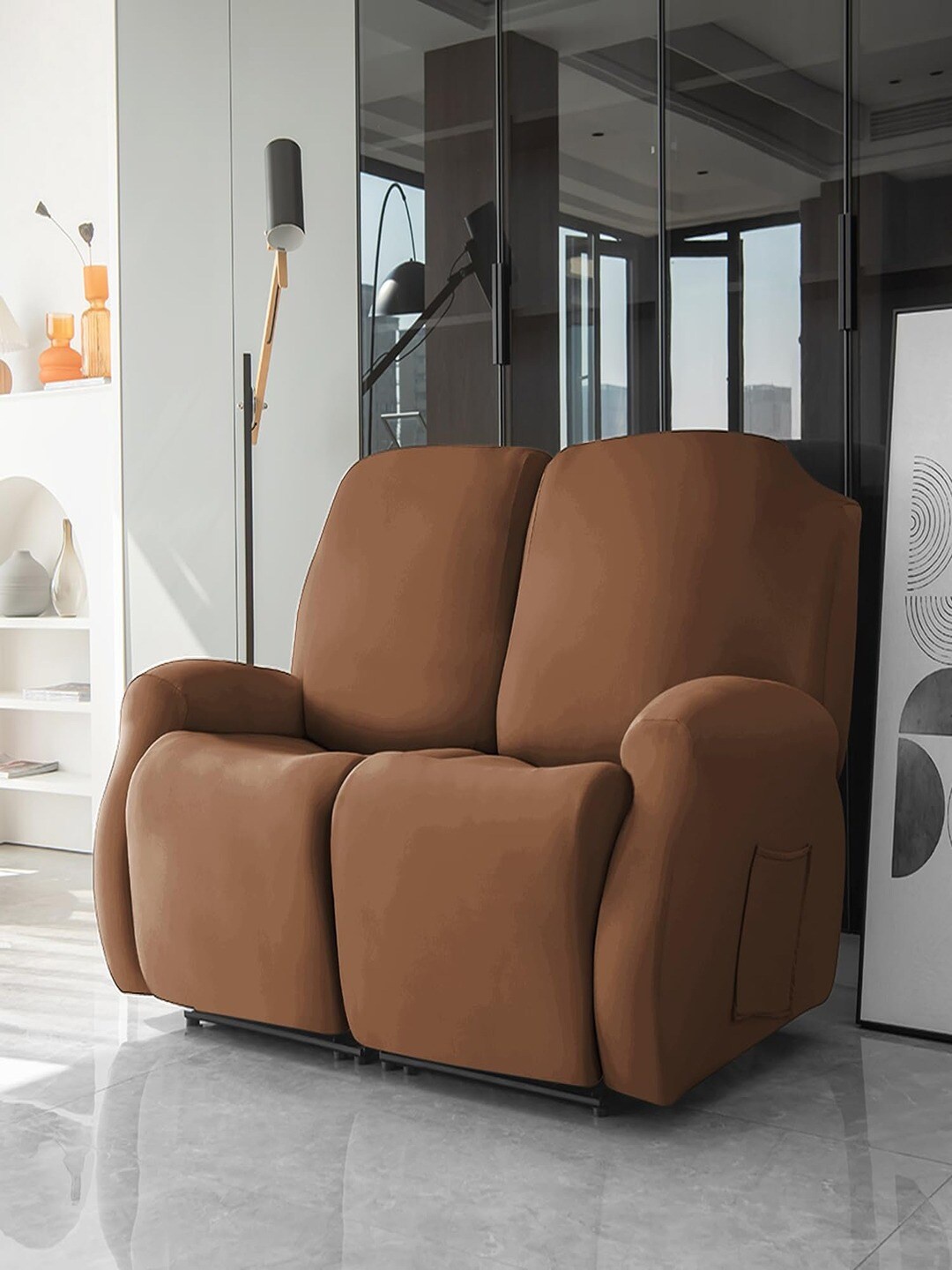 

HOKIPO Brown Stretchable 2-seater Recliner Sofa Cover