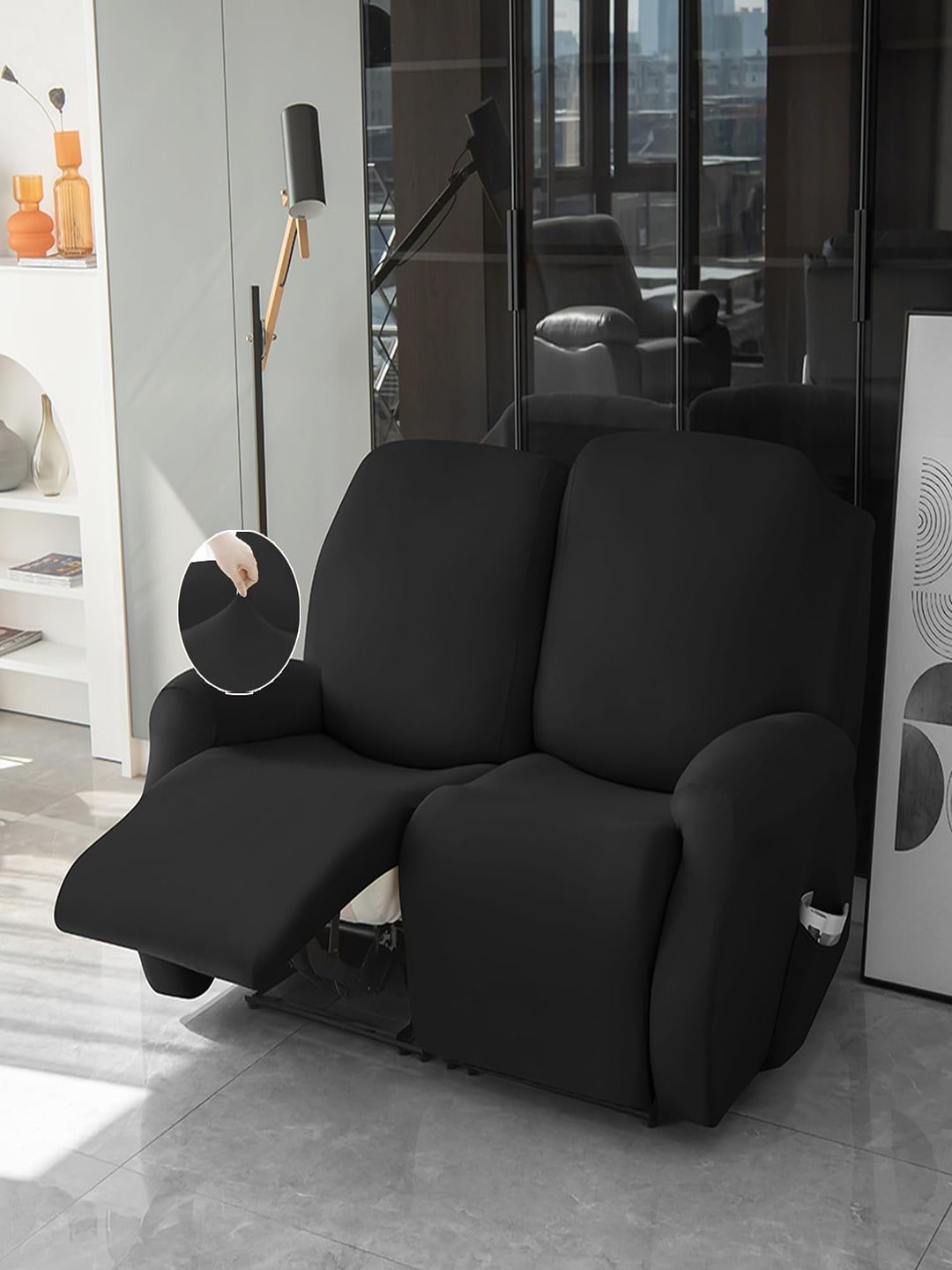 

HOKIPO Black Stretchable 2-seater Recliner Sofa Cover