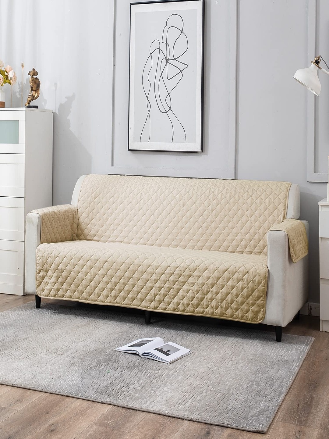 

HOKIPO Beige 100 GSM Quilted 4 Seater Sofa Cover