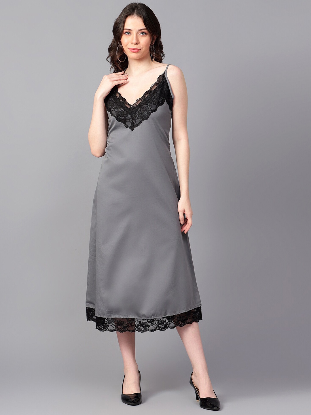 

Hencemade Lace Detailed Organic Cotton Satin Dress, Grey