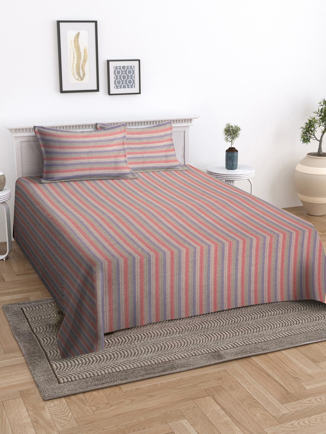 

KLOTTHE Red & Blue Striped Cotton Superfine King Size Bed Cover with 2 Pillow Covers
