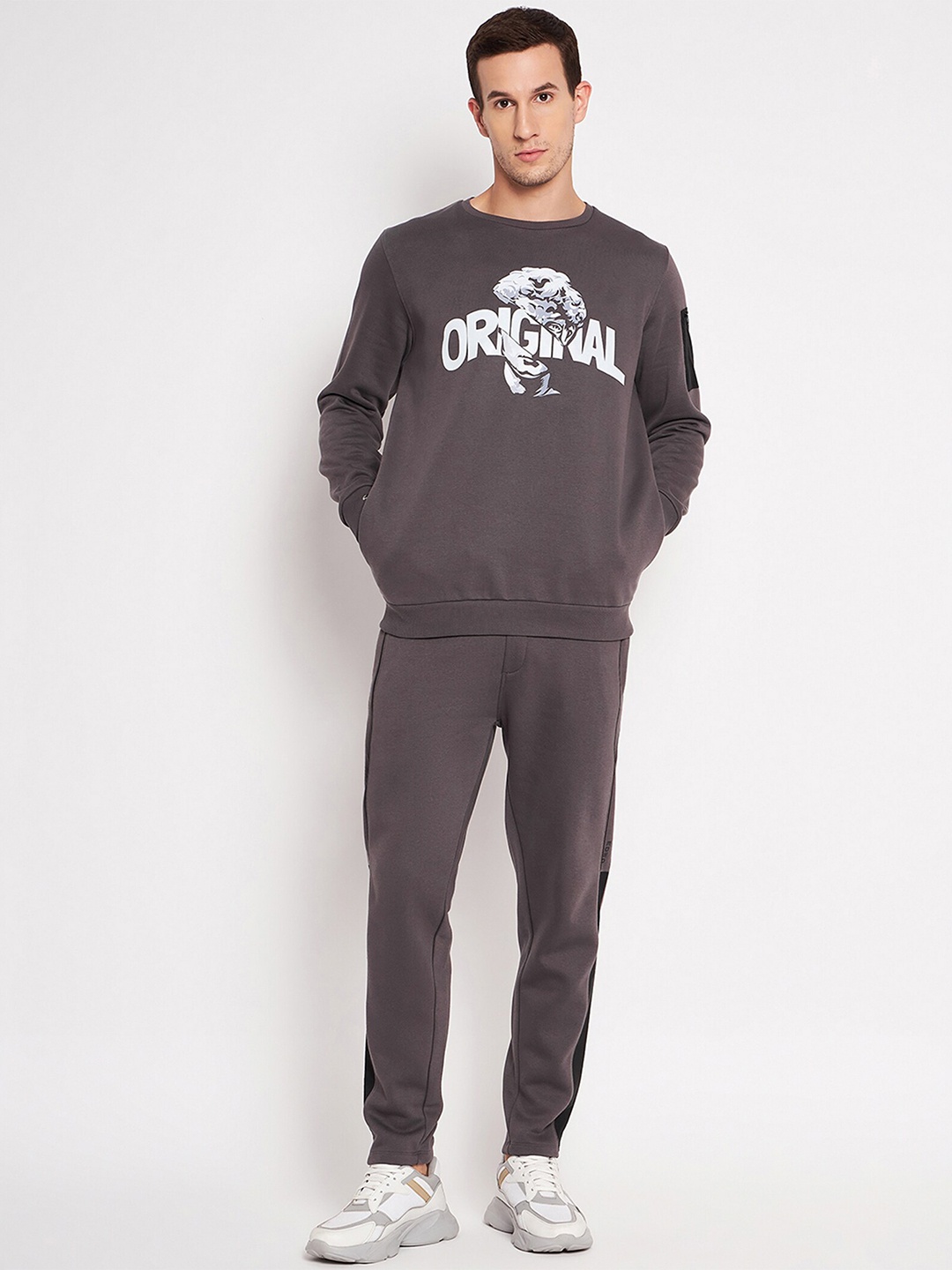 

EDRIO Typography Printed Round Neck Fleece Tracksuits, Grey