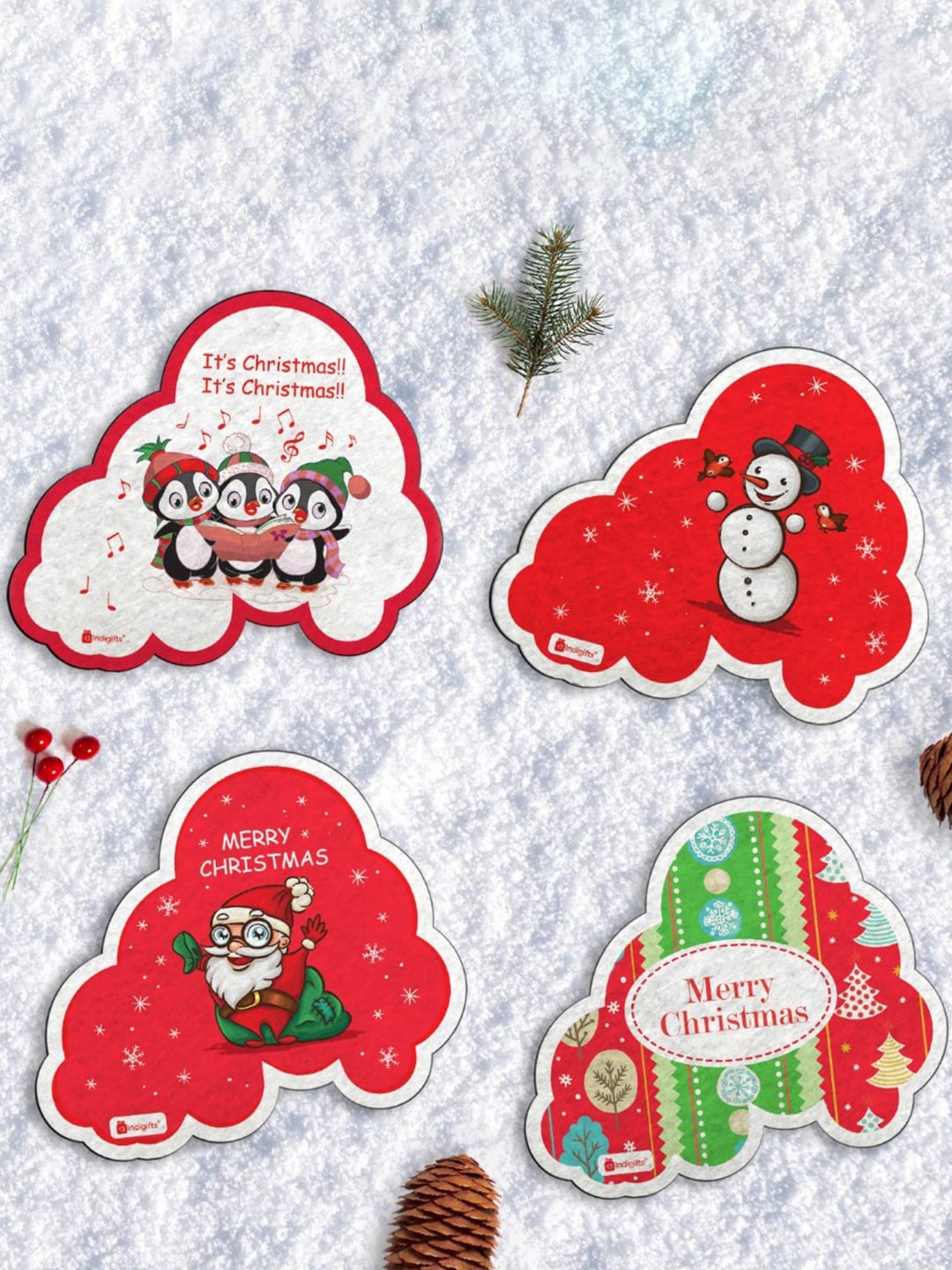 

Indigifts Red & White 4 Pieces Christmas Printed Fridge Magnets