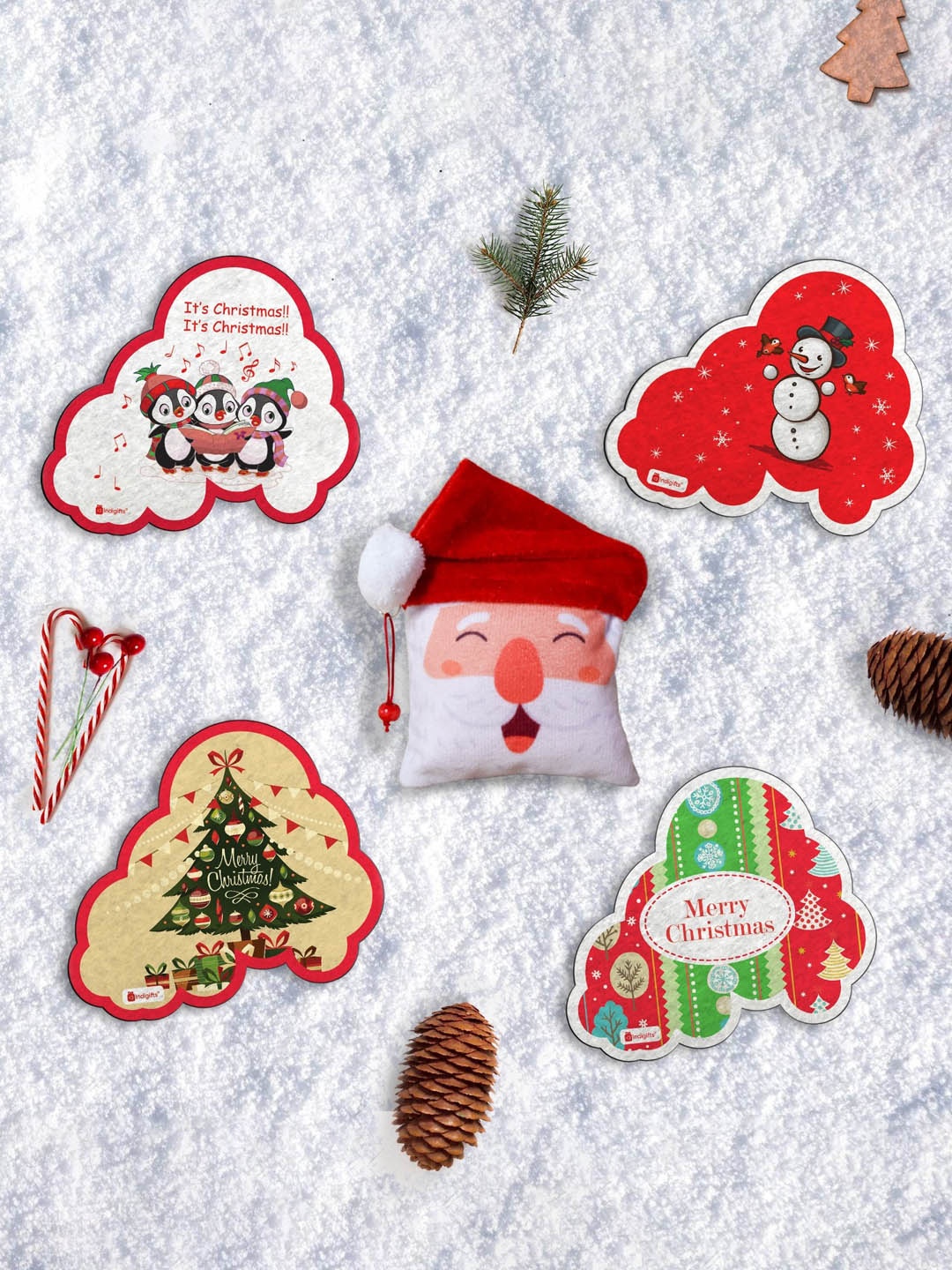 

Indigifts Red 4 Pieces Printed Decorative Fridge Magnets With Reversible Santa Soft Toy