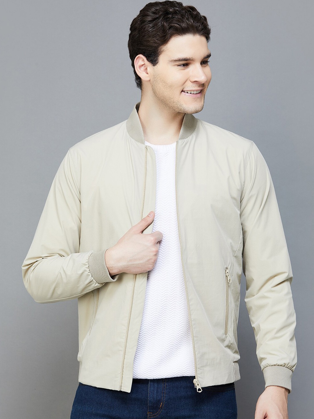 

Fame Forever by Lifestyle Henley Collar Long Sleeves Bomber Jacket, Beige