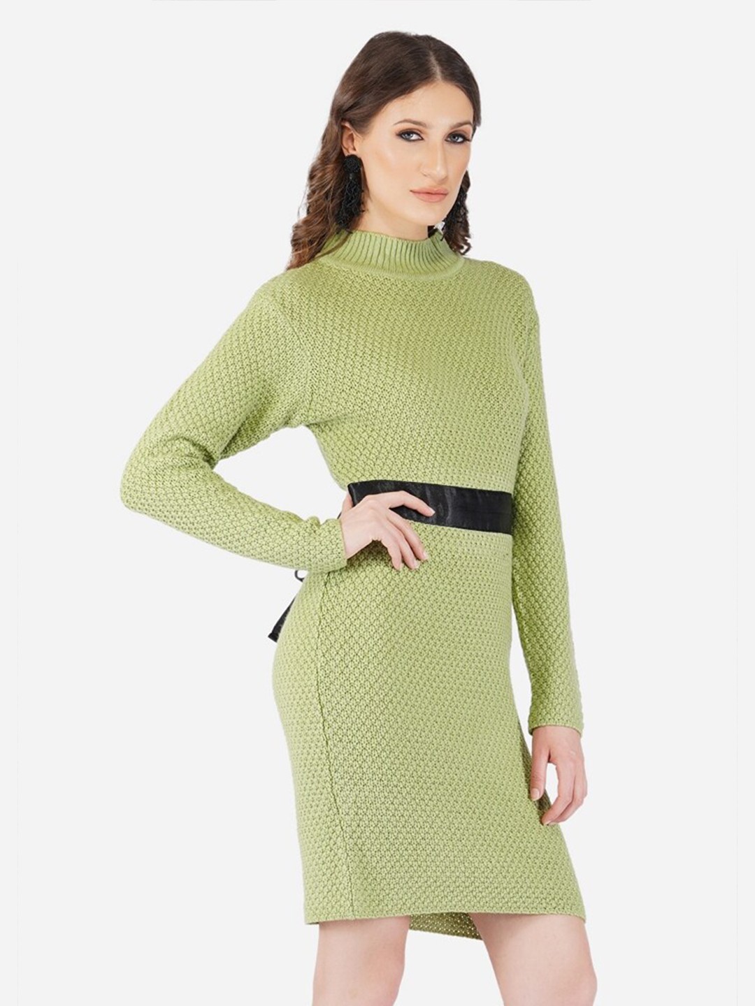 

Chemistry Self Design High Neck Tie Up Acrylic Sheath Dress, Sea green