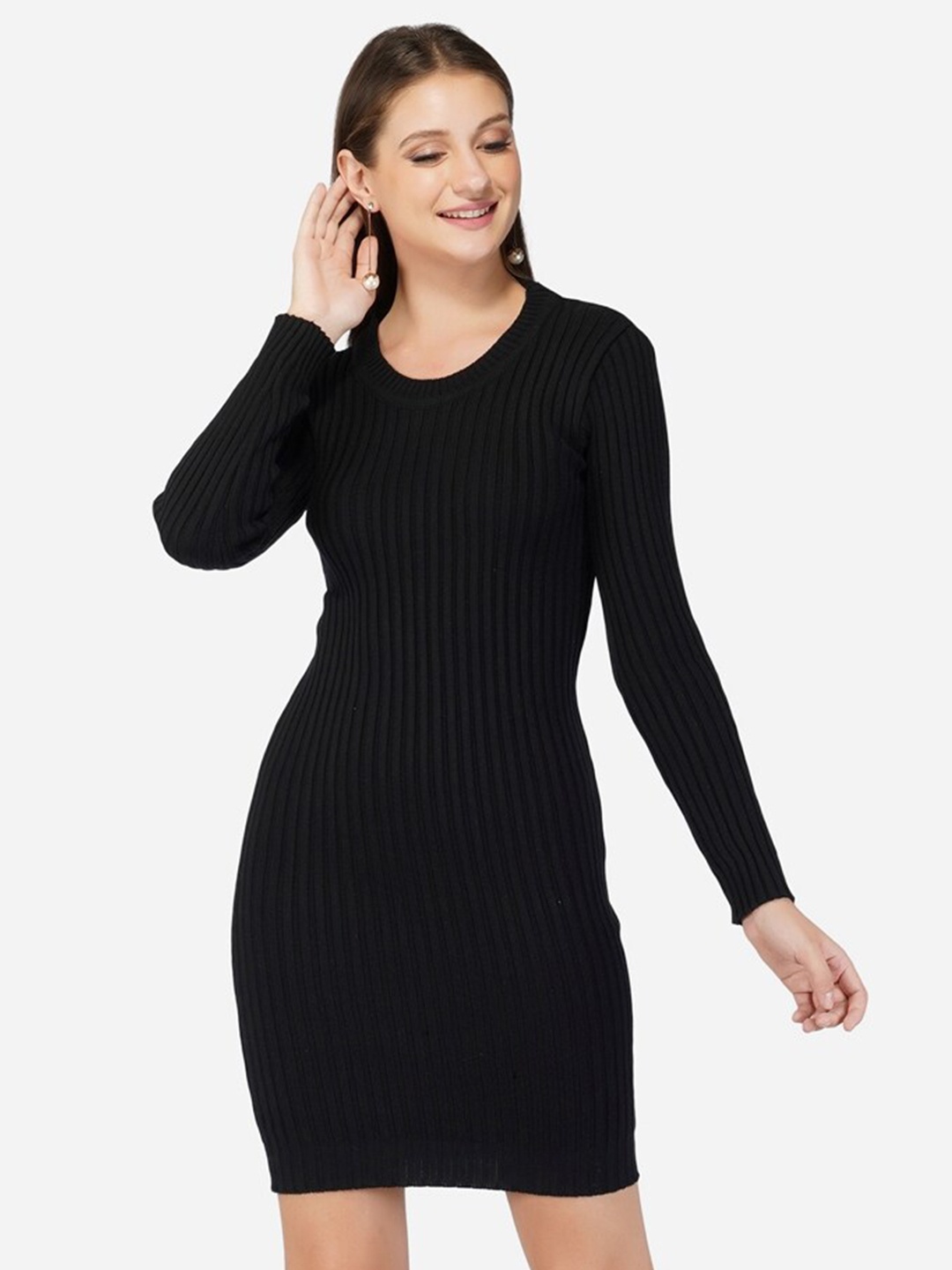 

Chemistry Striped Long Sleeves Cotton Bodycon Dress, Black