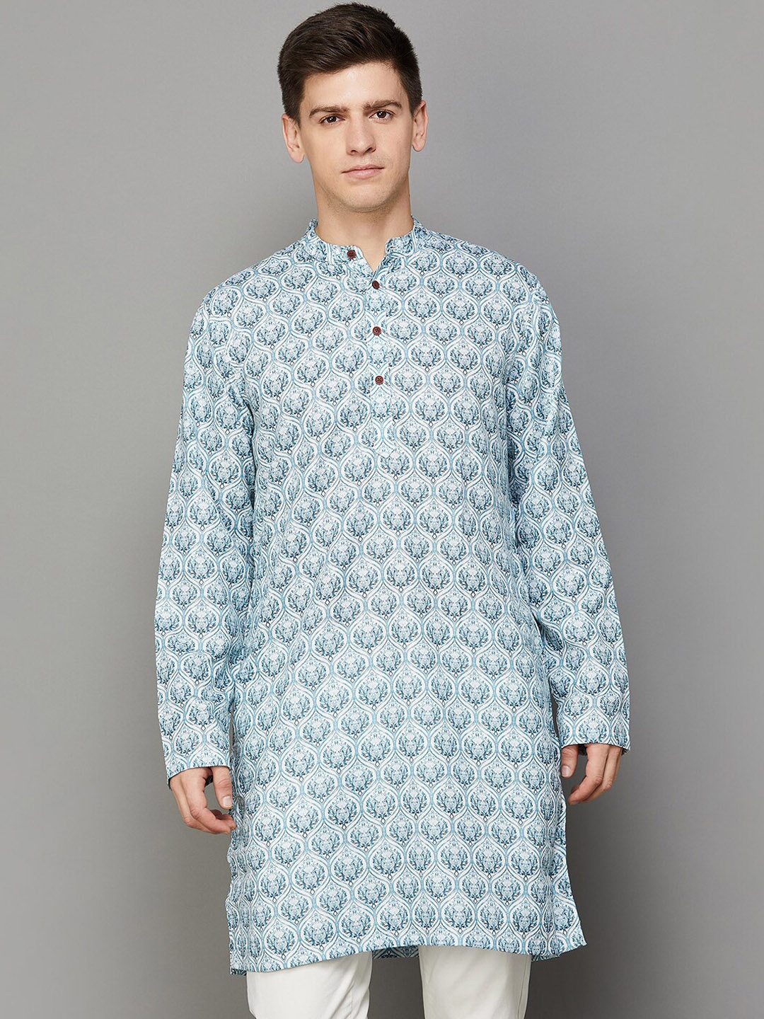 

Melange by Lifestyle Ethnic Motifs Printed Band Collar Straight Kurta, Teal