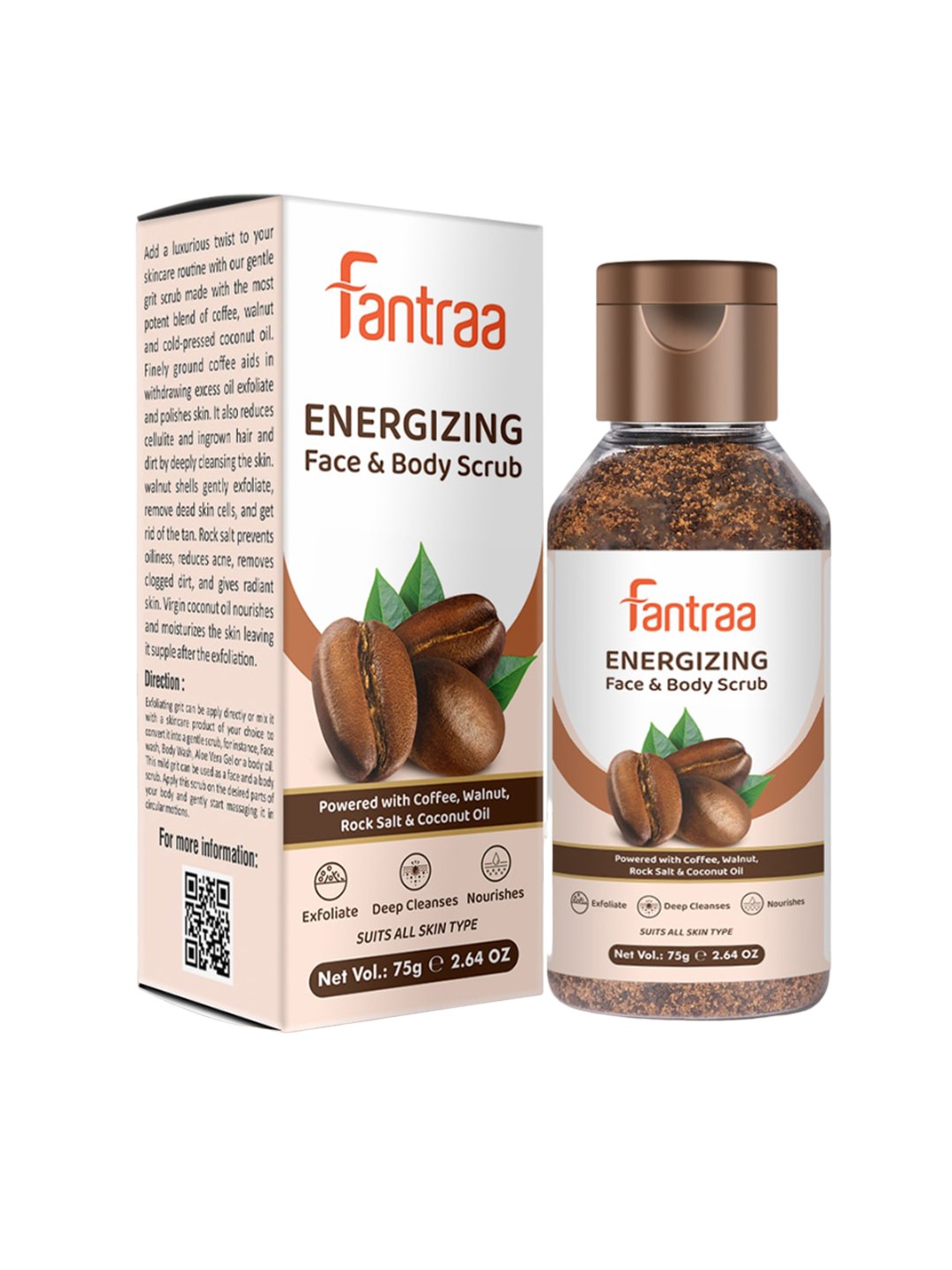 

Fantraa Energizing Coffee Face & Body Scrub For Tan Removal & Deep Cleanses Skin - 75g, Brown