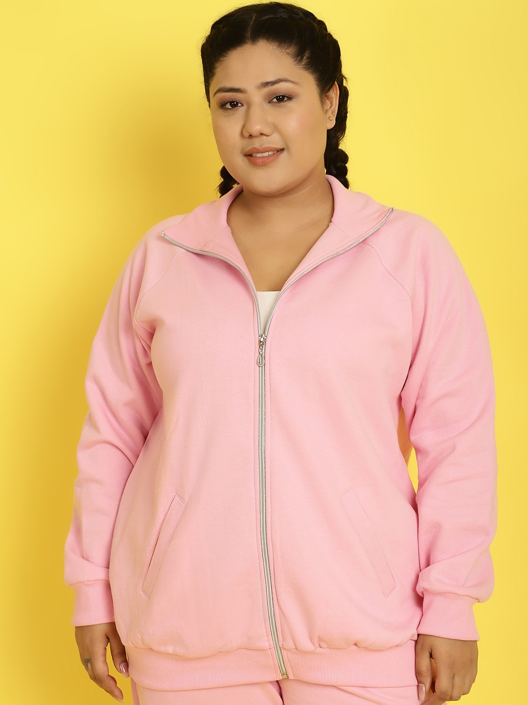 

theRebelinme Plus Size Mock Collar Long Sleeves Fleece Front-Open Sweatshirt, Pink