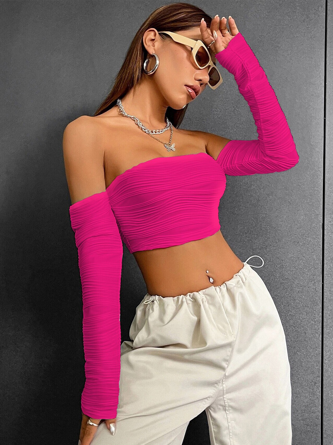 

Stylecast X Slyck Off-Shoulder Cropped Fitted Top, Pink