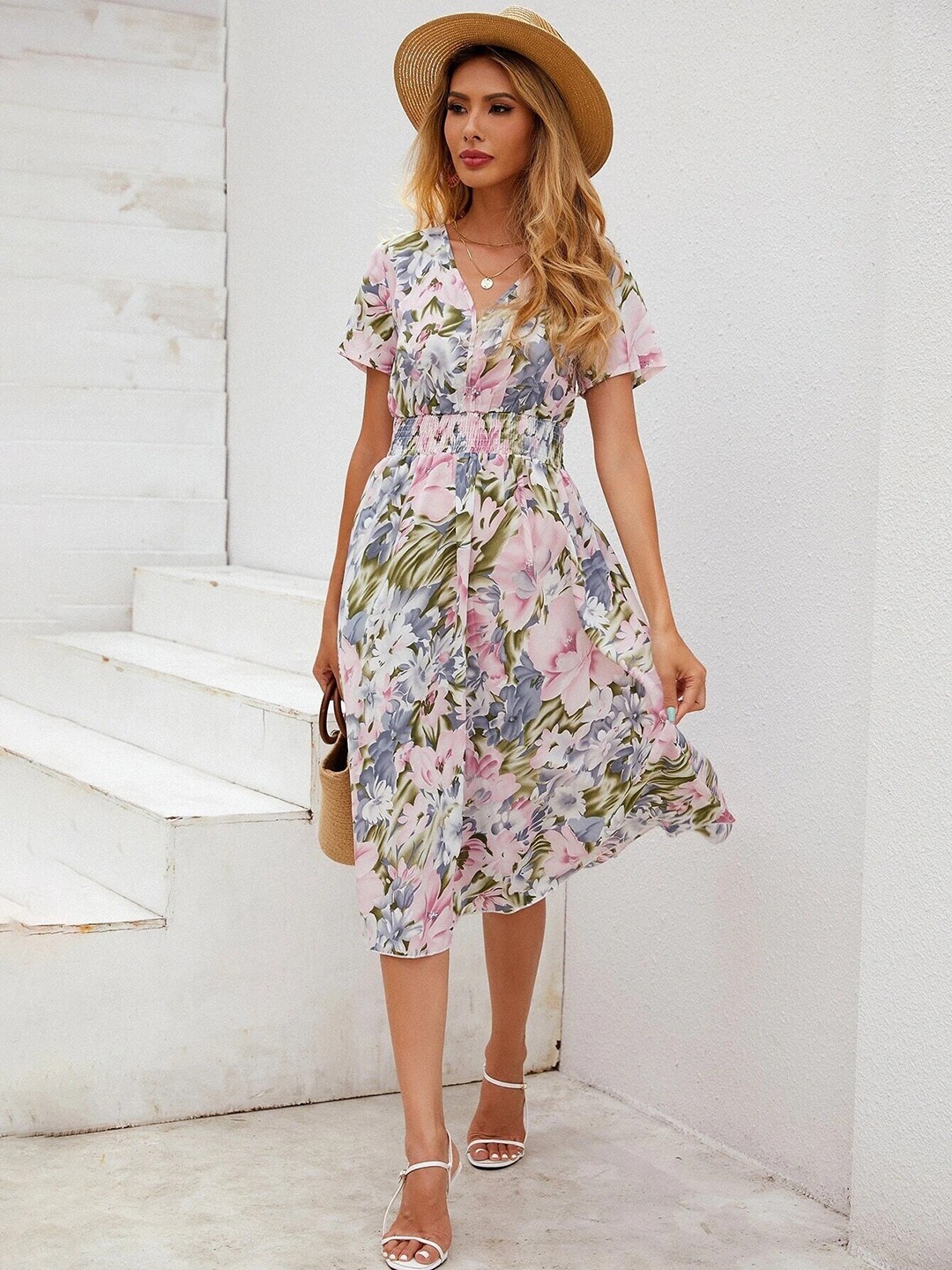 

Stylecast X Slyck Floral Printed V-Neck Fit Flare Midi Dress, Pink