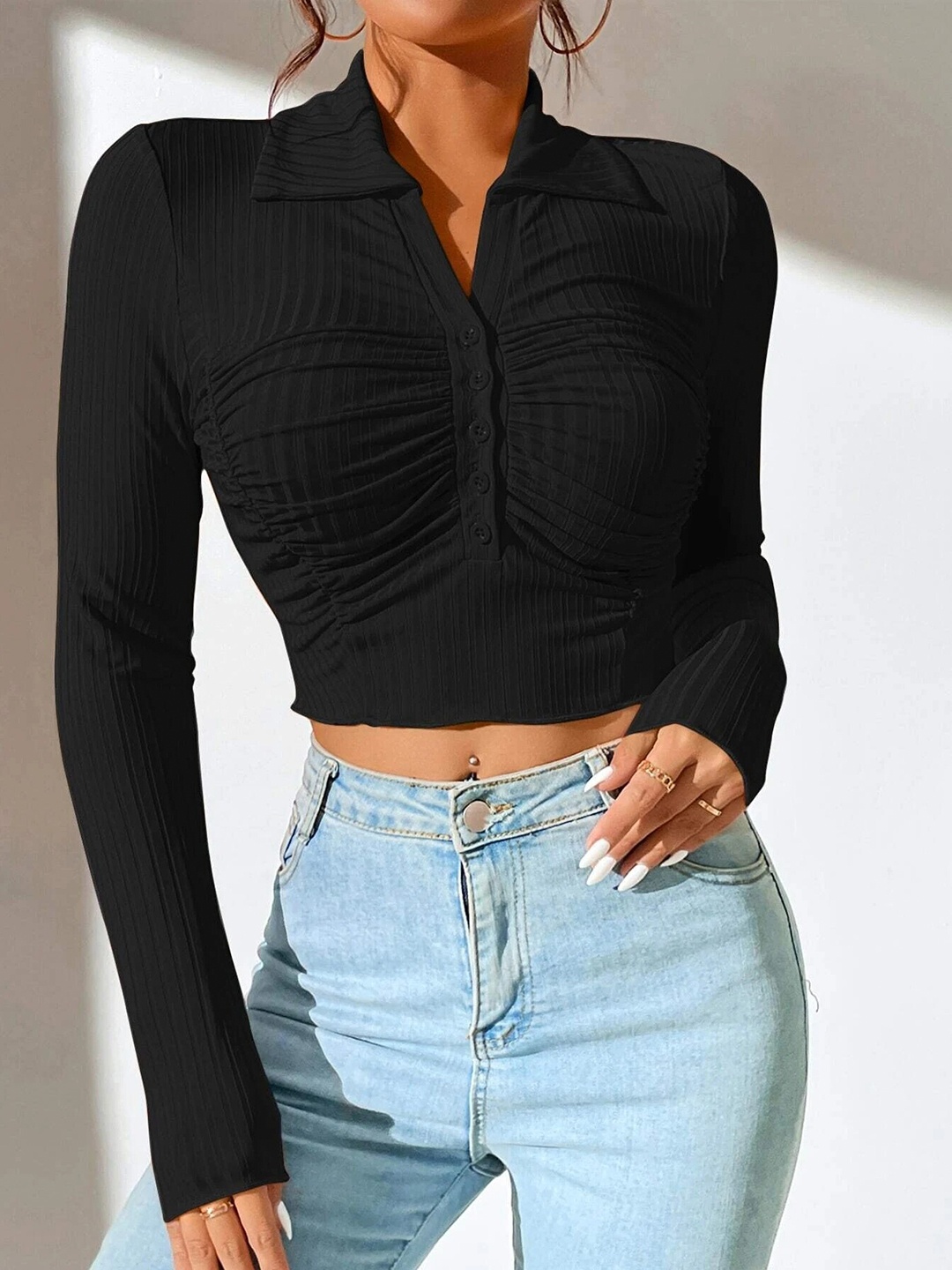 

Stylecast X Slyck Self Design Shirt Collar Shirt Style Crop Top, Black