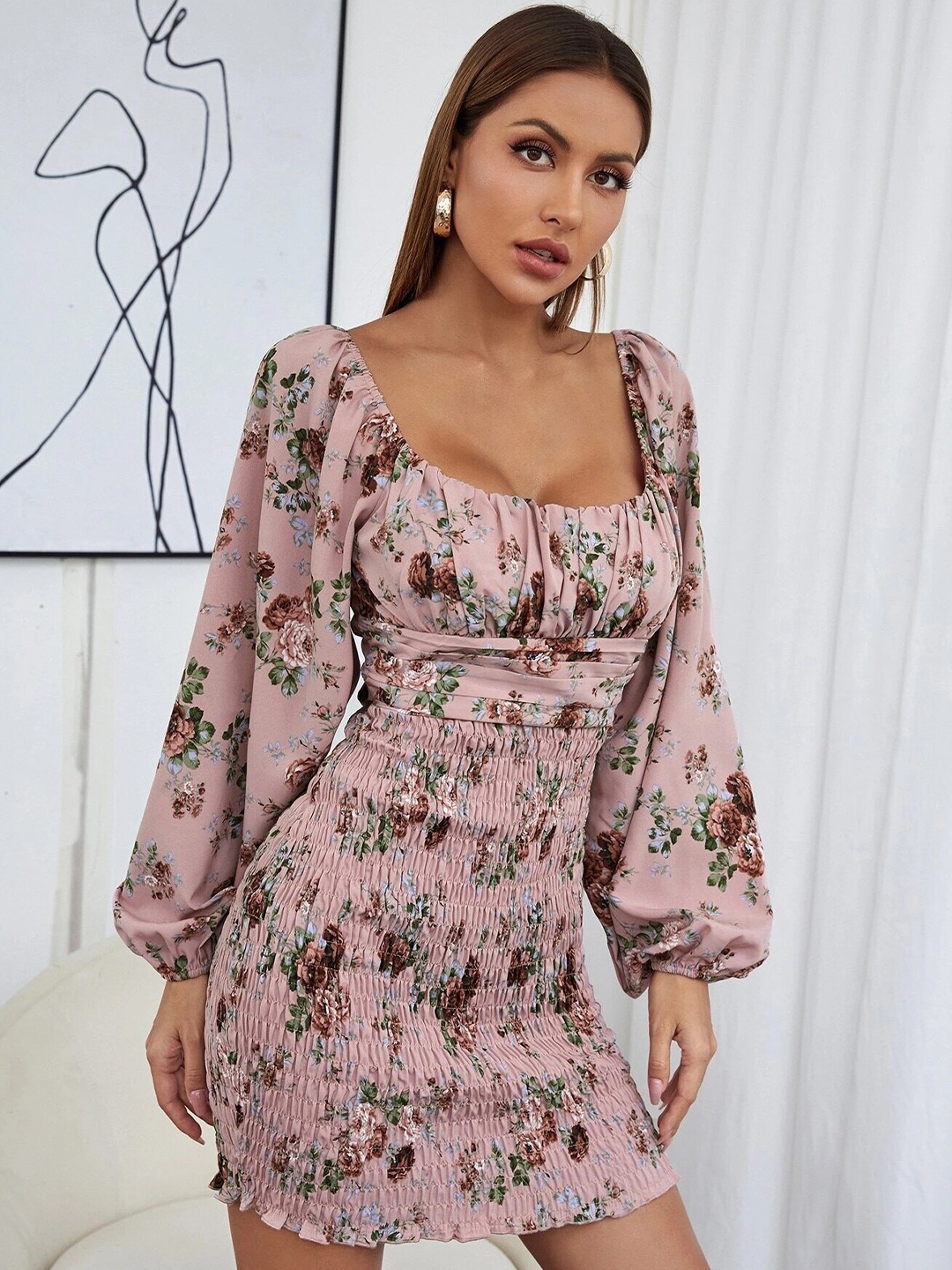 

Stylecast X Slyck Floral Printed Smocked A Line Mini Dress, Pink