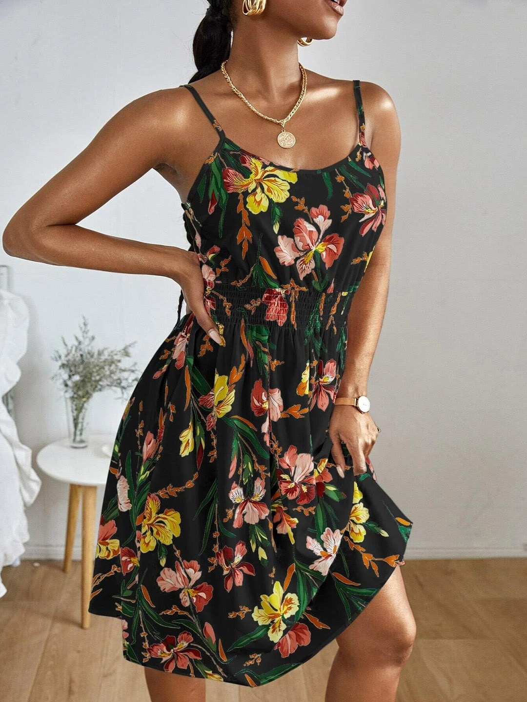 

Stylecast X Slyck Black Floral Print Shoulder Straps A-Line Mini Dress